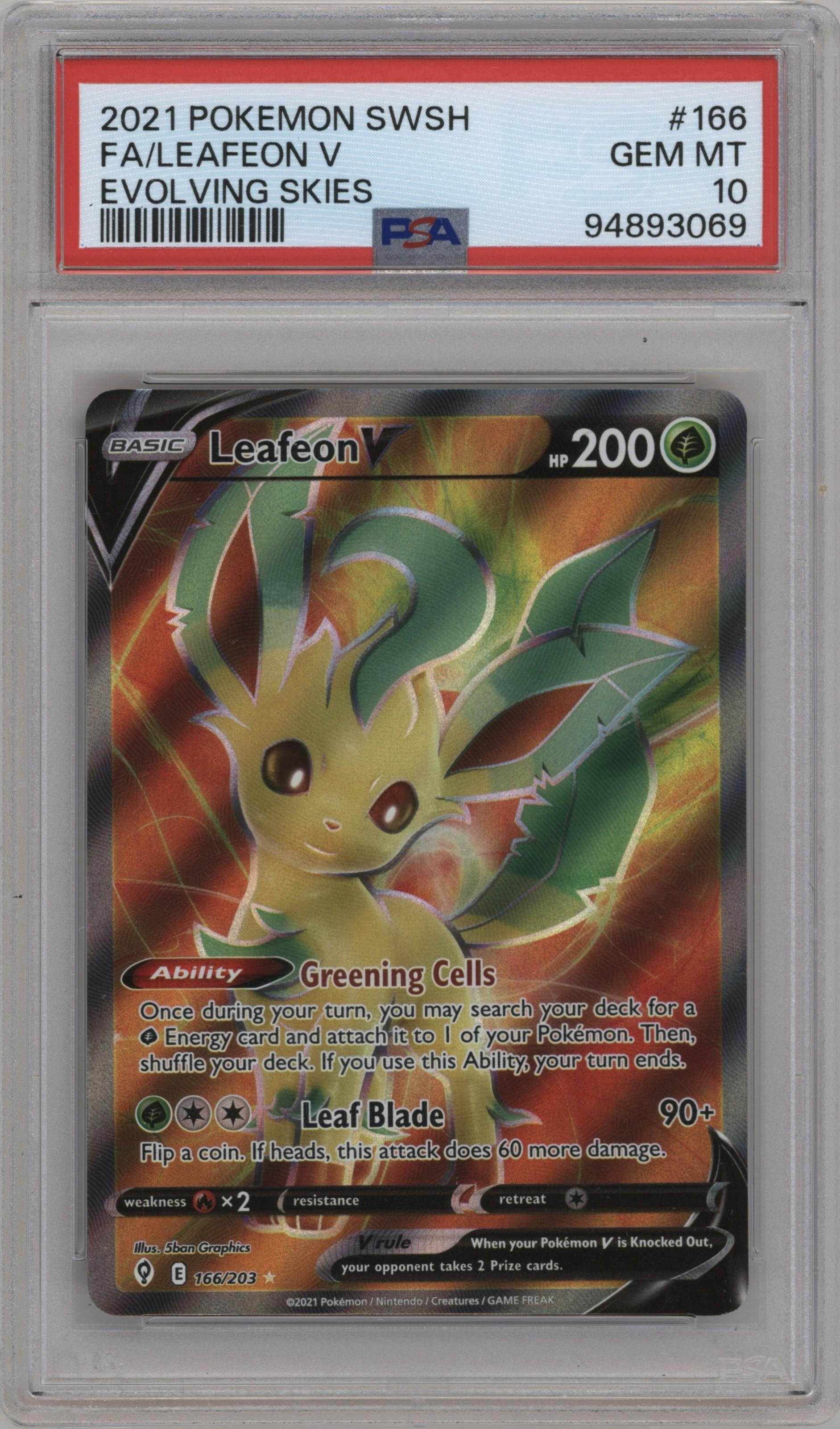Leafeon V from the 2021 Pokemon SWSH set graded by PSA and given an overall grade of 10.