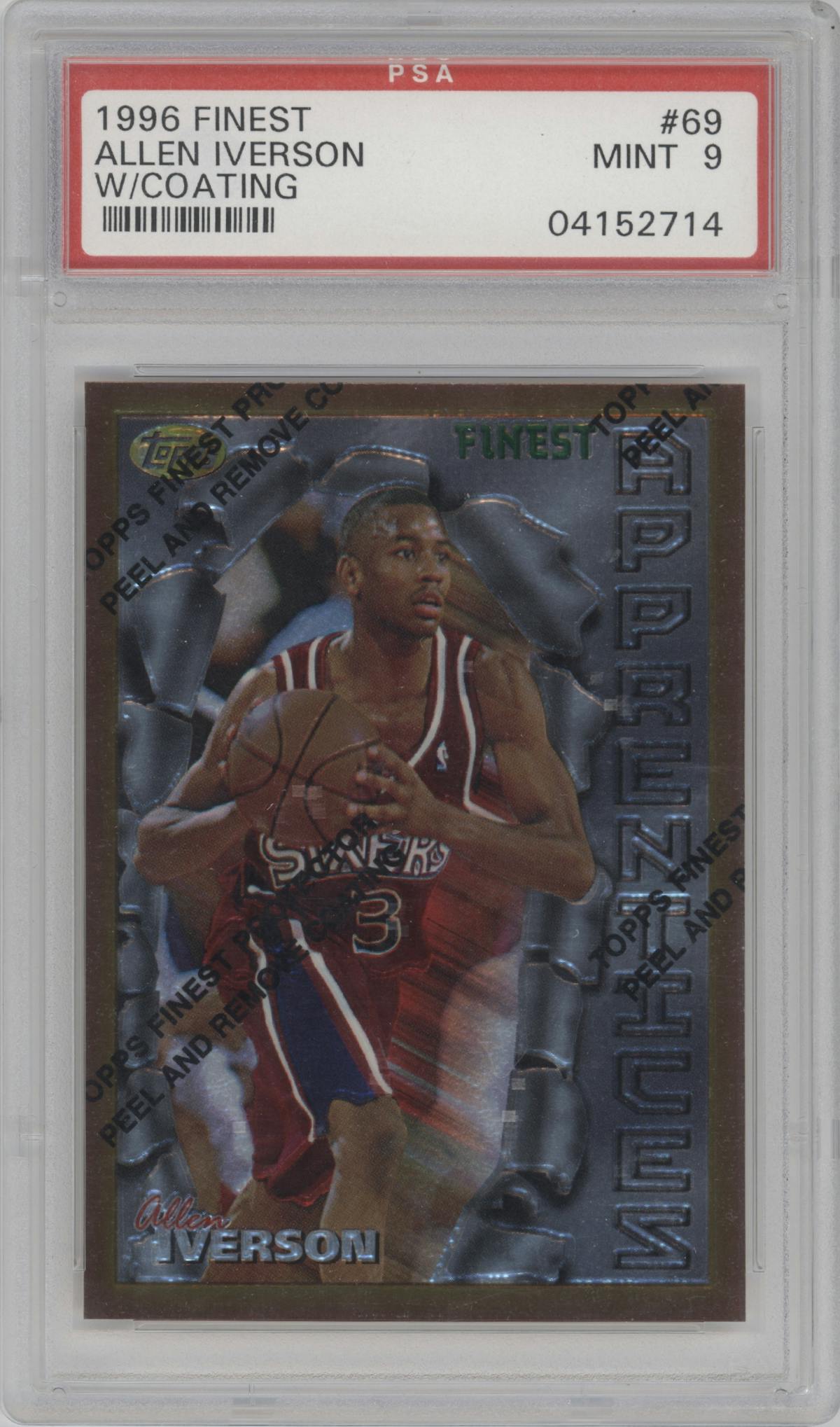 Allen Iverson from the 1996-97 Topps Finest set featuring a W/ Coating parallel graded by PSA and given an overall grade of 9.