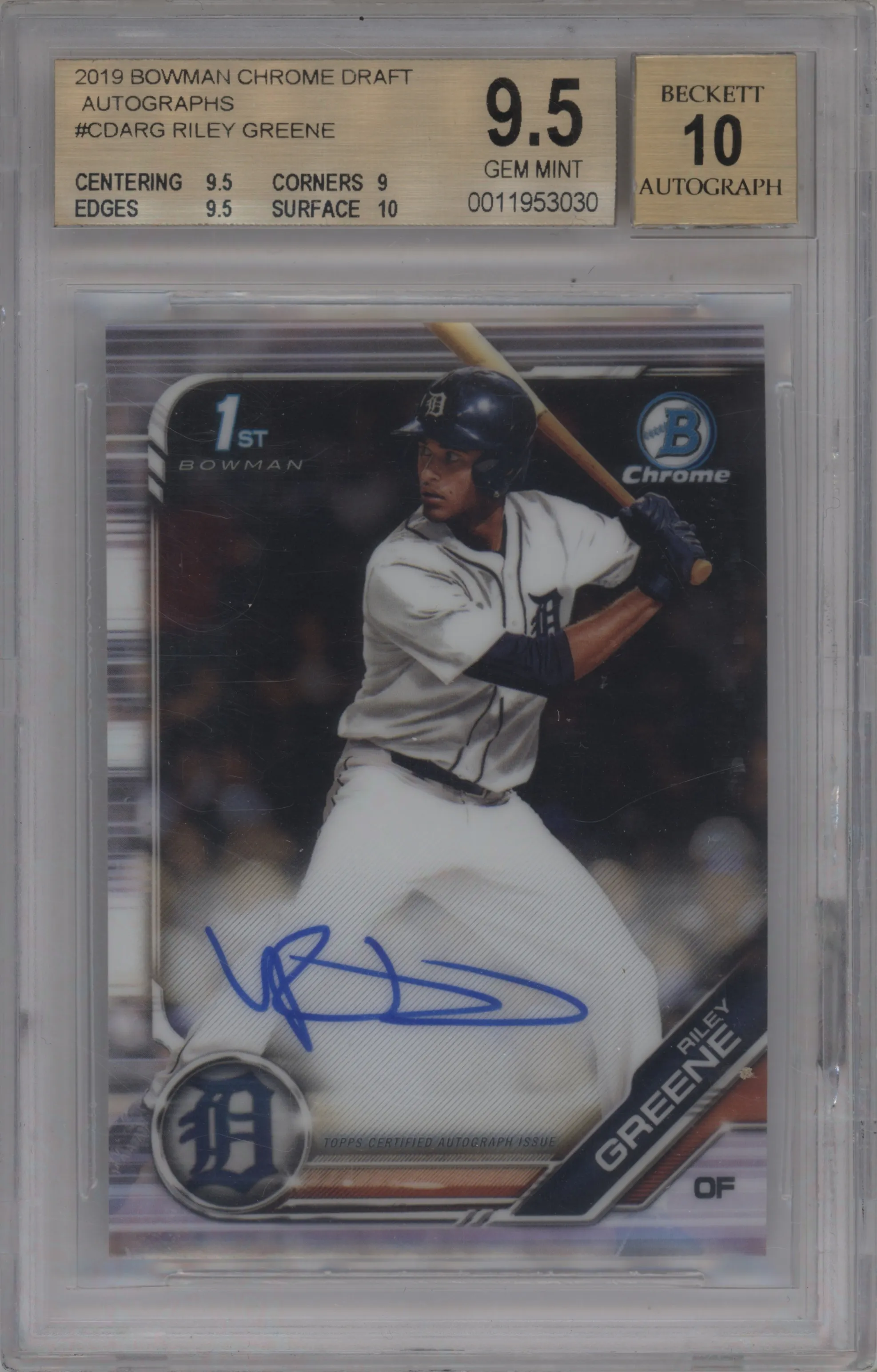 2019 Bowman Draft Chr.DP Auto Riley Greene #CDA-RG BGS 9.5