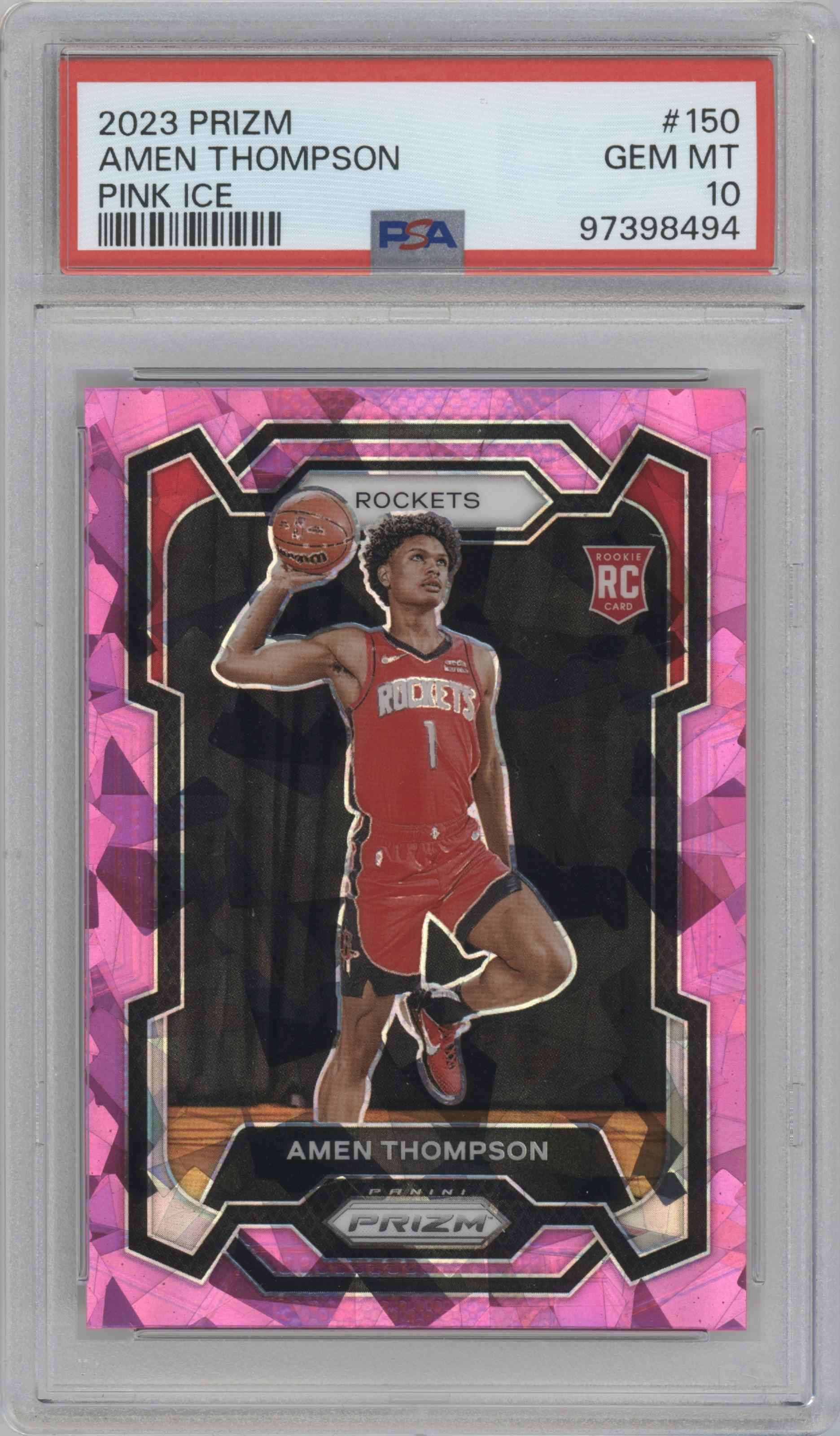 Amen Thompson from the 2023-24 Panini Prizm set featuring a Pink Ice parallel graded by PSA and given an overall grade of 10.