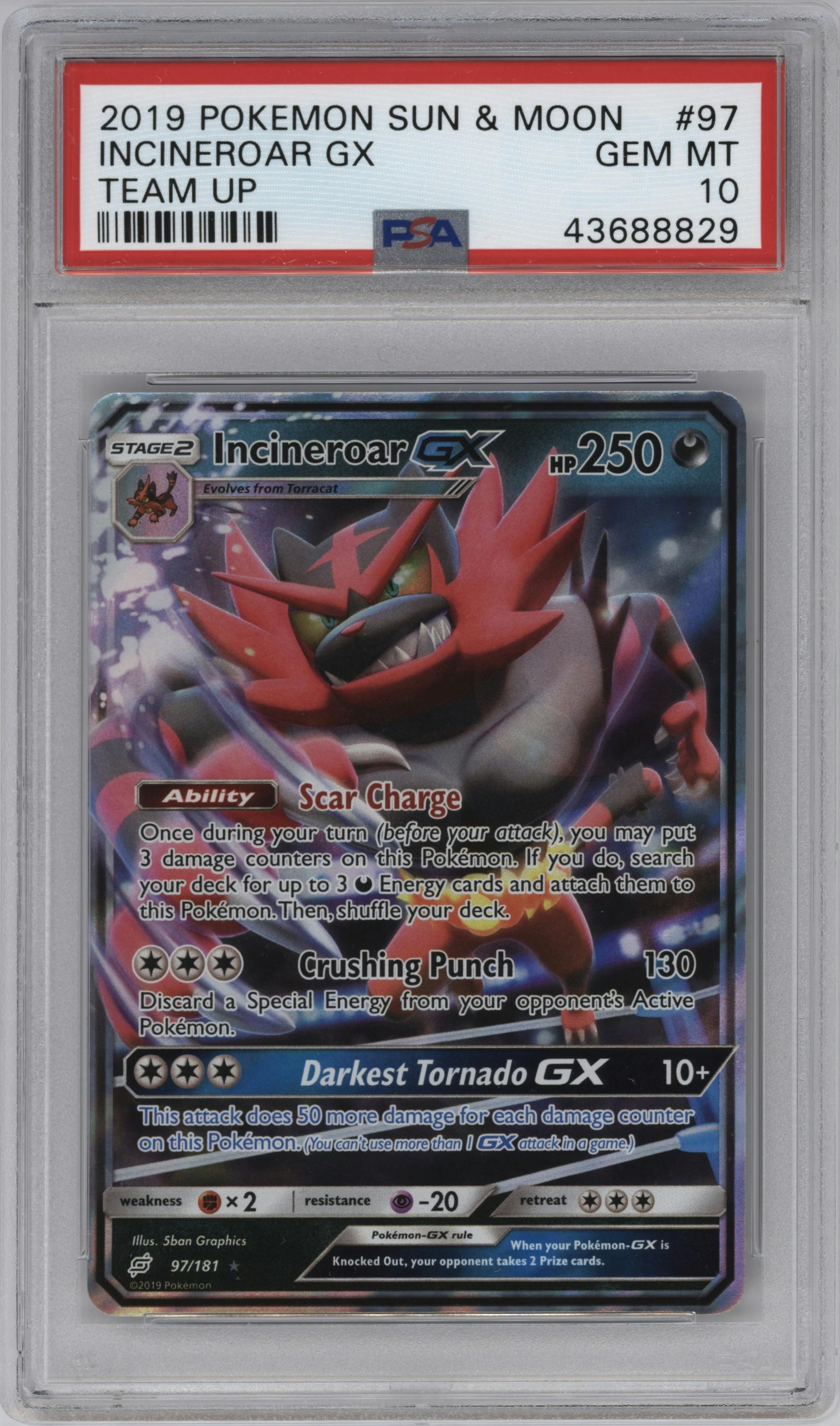 Incineroar GX from the 2019 Pokemon S&M  set graded by PSA and given an overall grade of 10.
