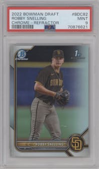 Robby Snelling from the 2022 Bowman Draft set featuring a Refractor parallel graded by PSA and given an overall grade of 9.