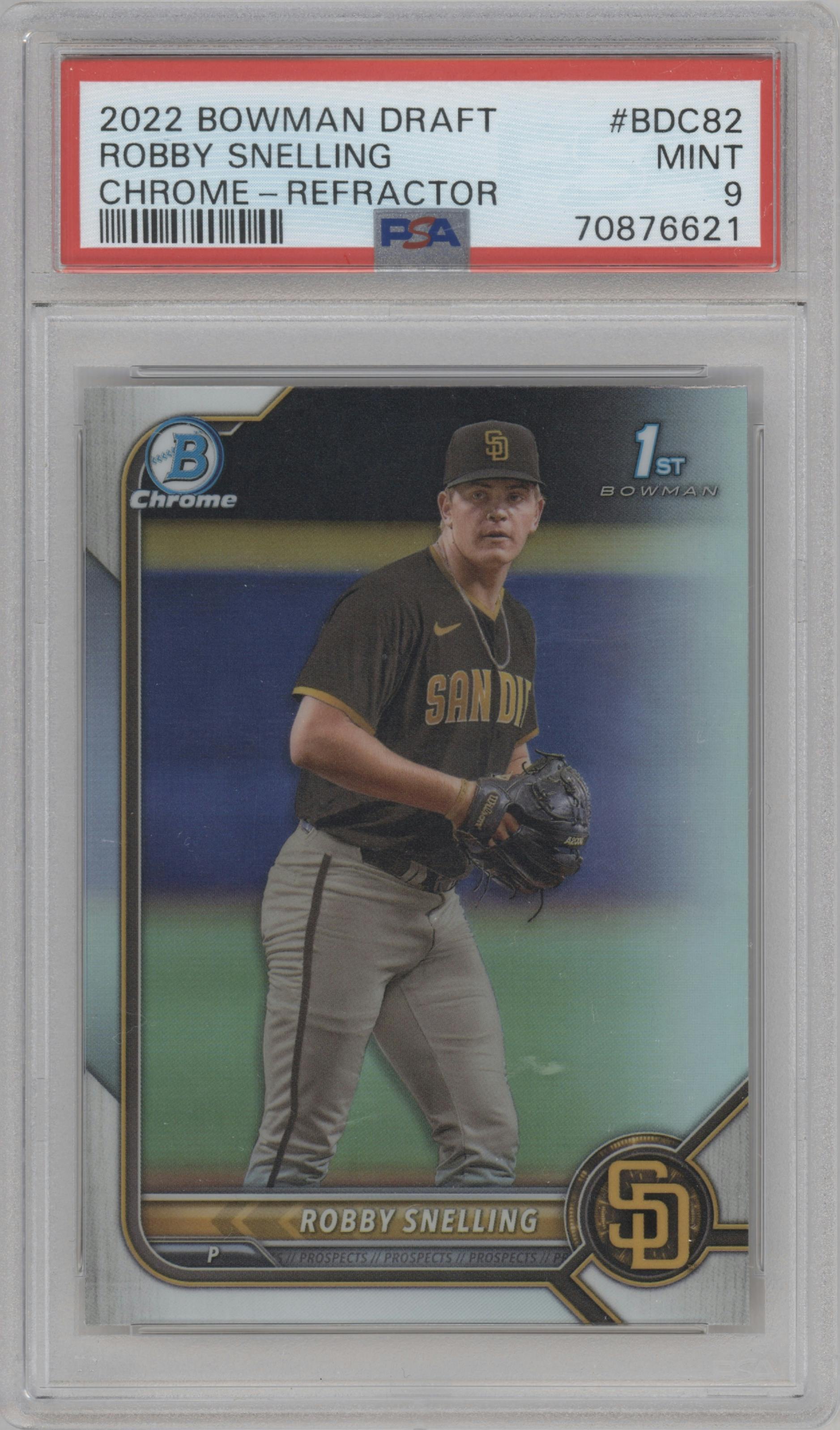 Robby Snelling from the 2022 Bowman Draft set featuring a Refractor parallel graded by PSA and given an overall grade of 9.