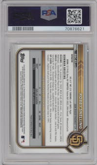 Robby Snelling from the 2022 Bowman Draft set featuring a Refractor parallel graded by PSA and given an overall grade of 9.