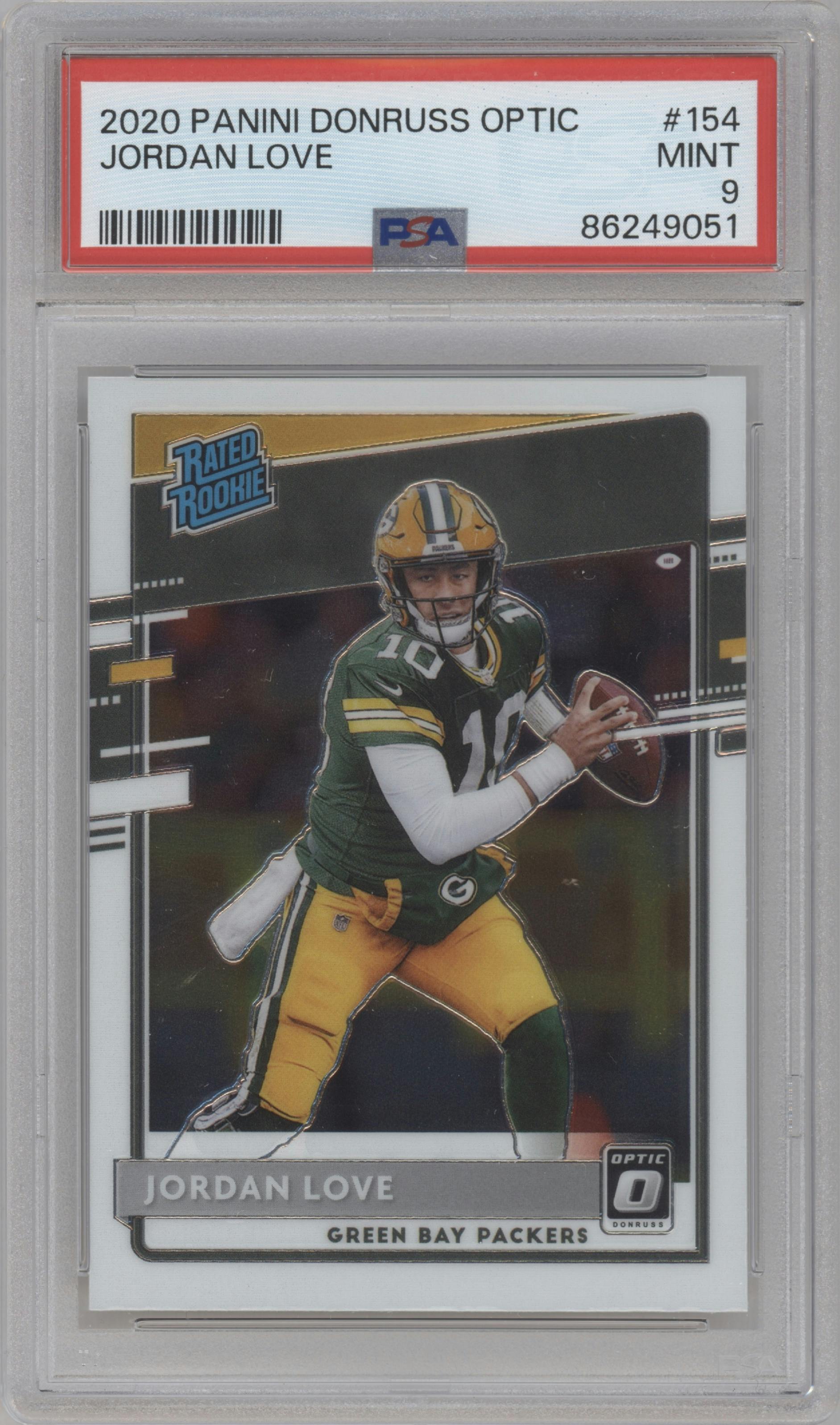 Jordan Love from the 2020 Panini Donruss Optic set graded by PSA and given an overall grade of 9.