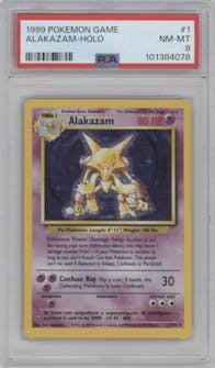 Alakazam from the 1999 Pokemon set graded by PSA and given an overall grade of 8.