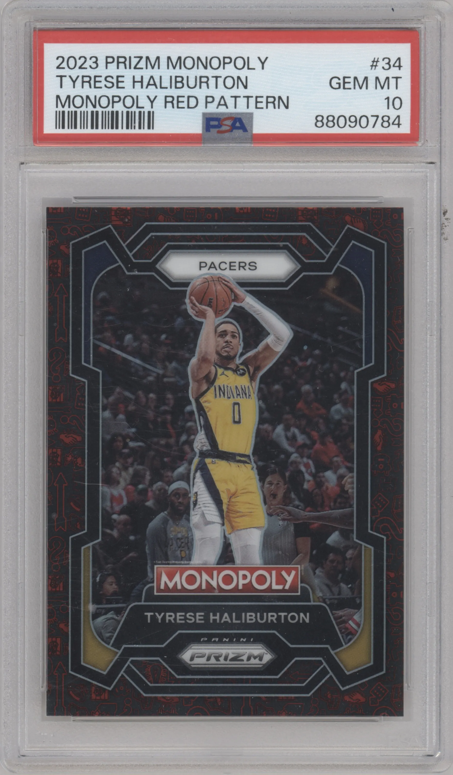 Tyrese Haliburton from the 2023-24 Panini Prizm Monopoly set featuring a Red Pattern Prizm parallel graded by PSA and given an overall grade of 10.