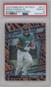 Brian Thomas Jr. from the 2024 Panini The National VIP set featuring a Tiger Stripes parallel graded by PSA and given an overall grade of 10.