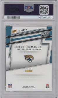 Brian Thomas Jr. from the 2024 Panini The National VIP set featuring a Tiger Stripes parallel graded by PSA and given an overall grade of 10.