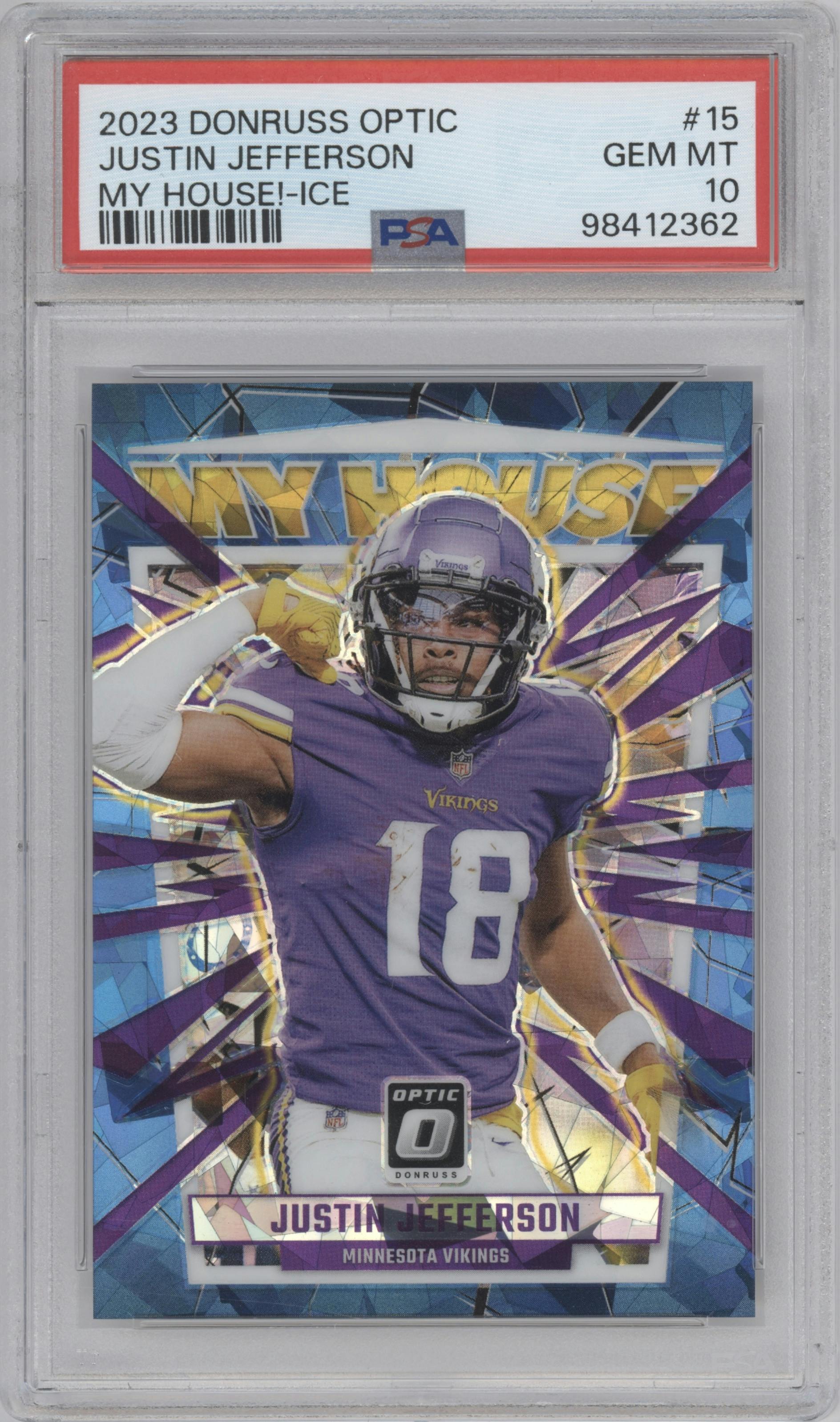 Justin Jefferson from the 2023 Donruss Optic set featuring a Ice parallel graded by PSA and given an overall grade of 10.