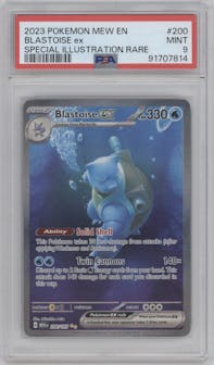Blastoise ex from the 2023 Pokemon SV set graded by PSA and given an overall grade of 9.