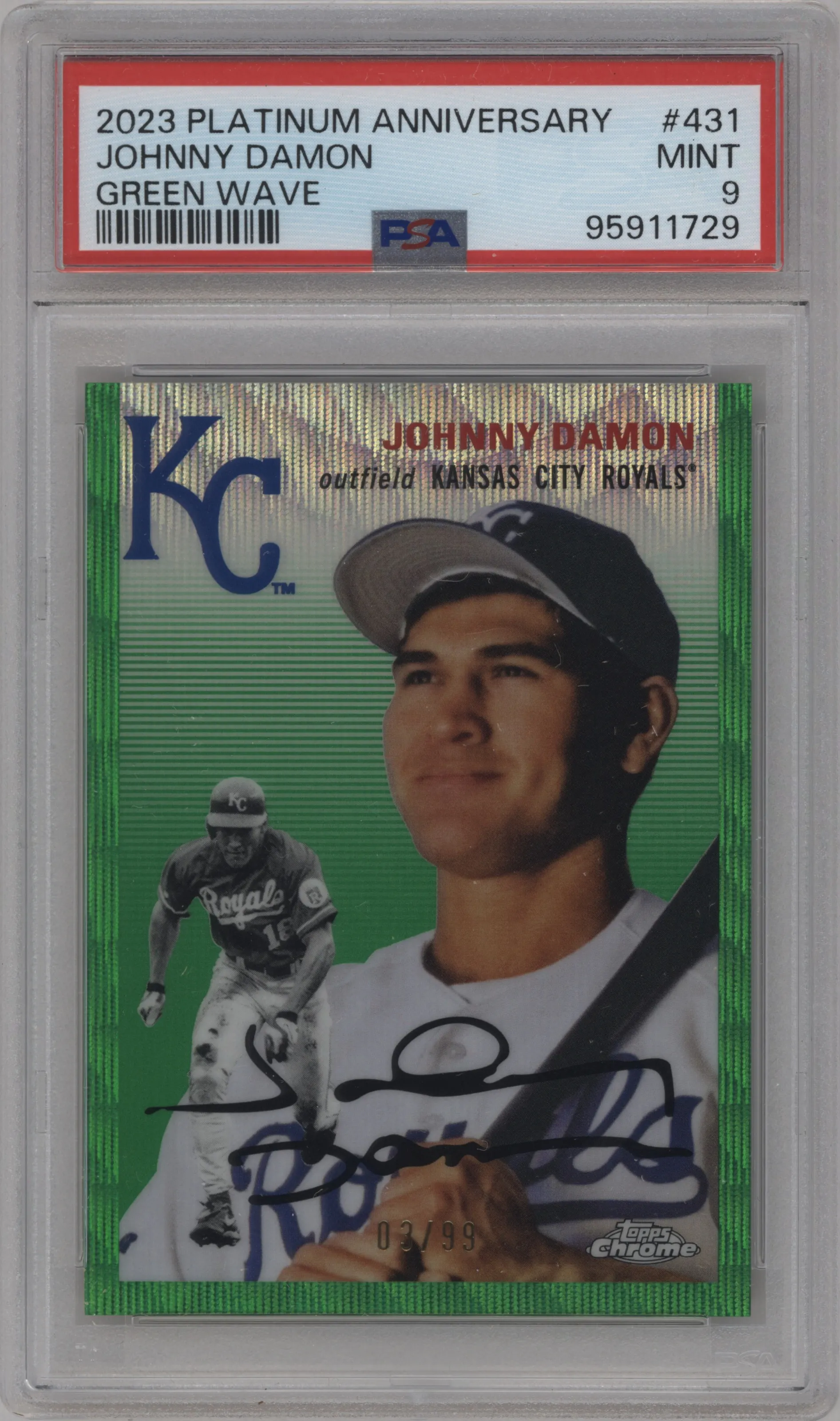2023 Topps Chrome Platinum Anniversary Johnny Damon Green Wave Refractor #431 PSA 9
