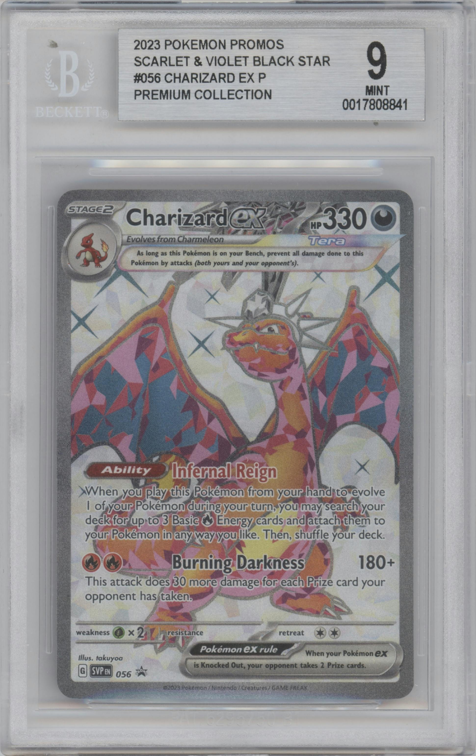 Charizard ex from the 2023 Pokemon SV set featuring a Charizard ex Premium Collection parallel graded by Beckett and given an overall grade of 9.