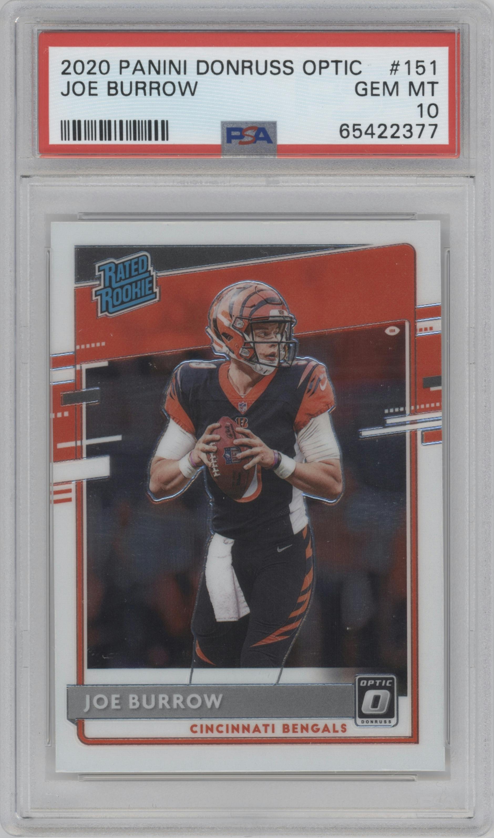 Joe Burrow from the 2020 Panini Donruss Optic set graded by PSA and given an overall grade of 10.