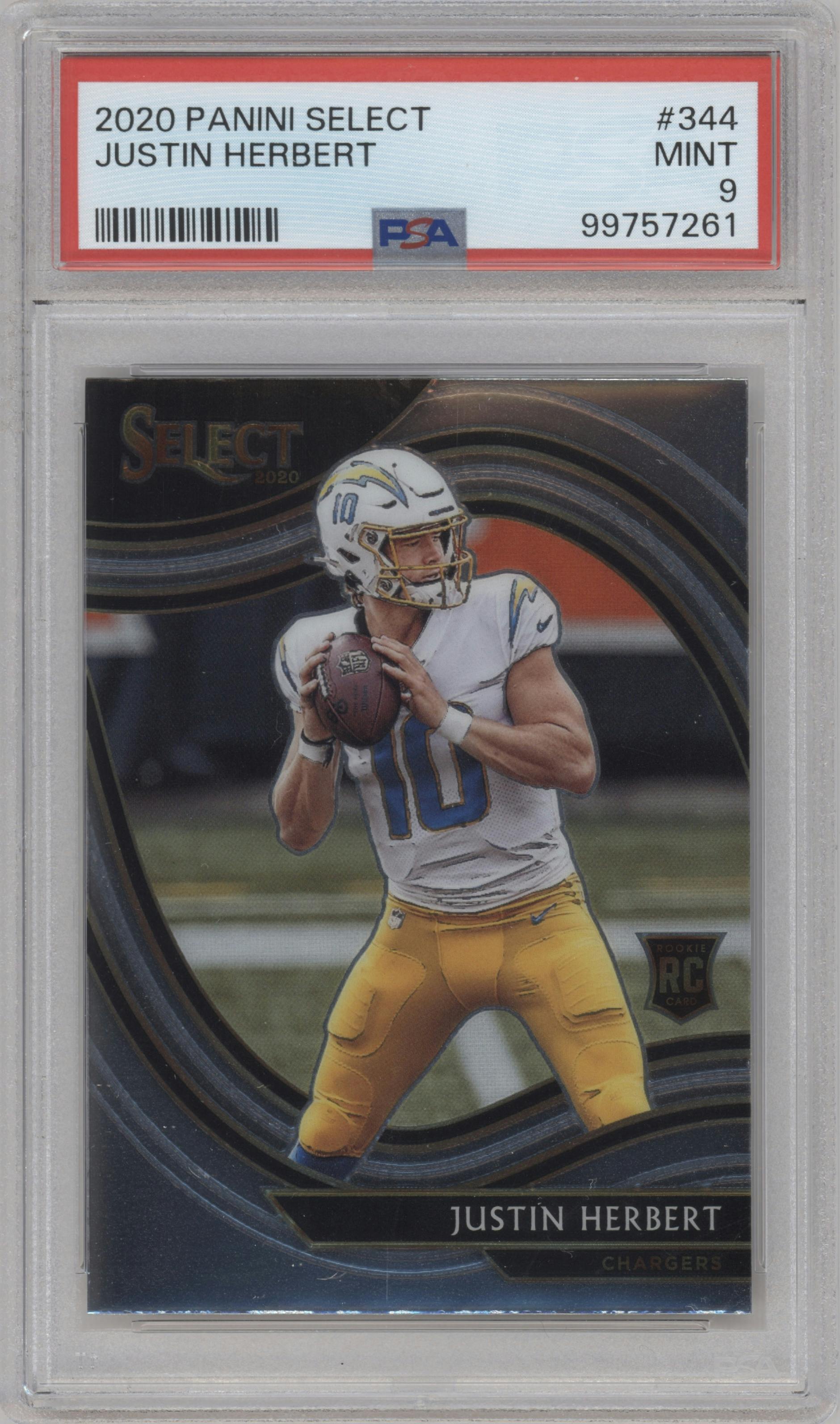 Justin Herbert from the 2020 Panini Select set graded by PSA and given an overall grade of 9.