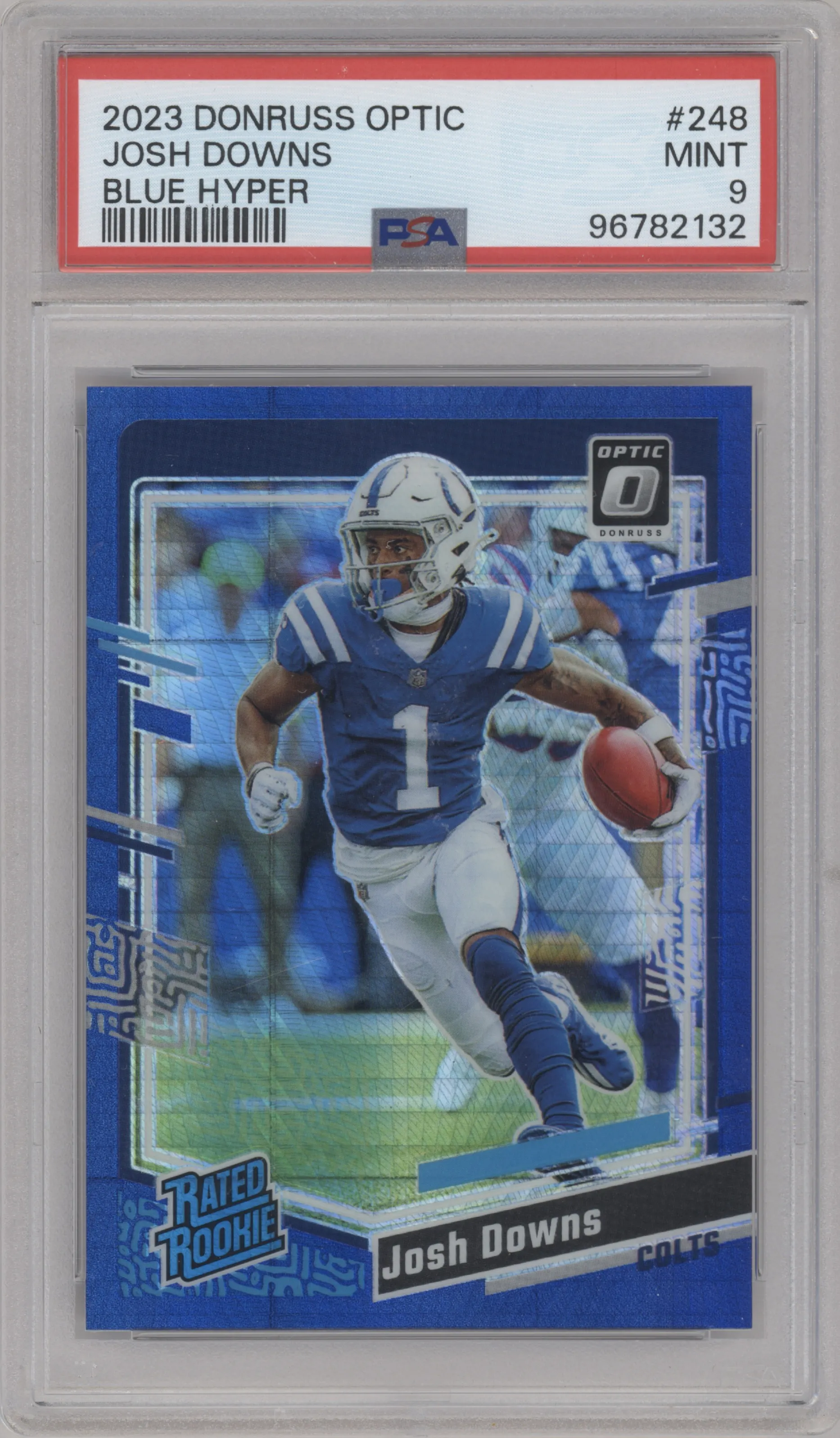 Josh Downs from the 2023 Donruss Optic set featuring a Hyper Blue parallel graded by PSA and given an overall grade of 9.