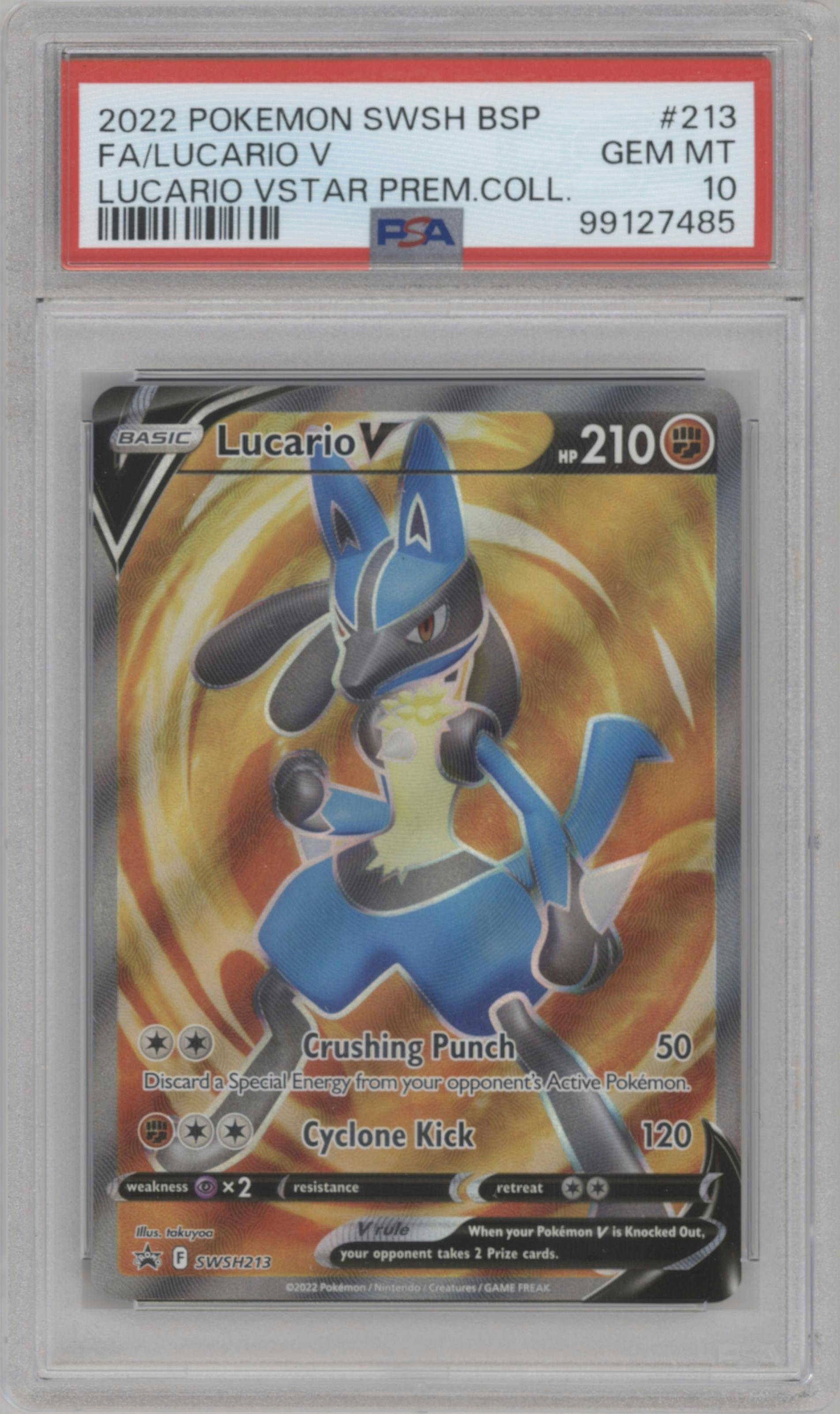 Lucario V from the 2022 Pokemon SWSH set featuring a Lucario VSTAR Premium Collection parallel graded by PSA and given an overall grade of 10.