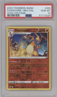 Charizard from the 2020 Pokemon SWSH set graded by PSA and given an overall grade of 10.