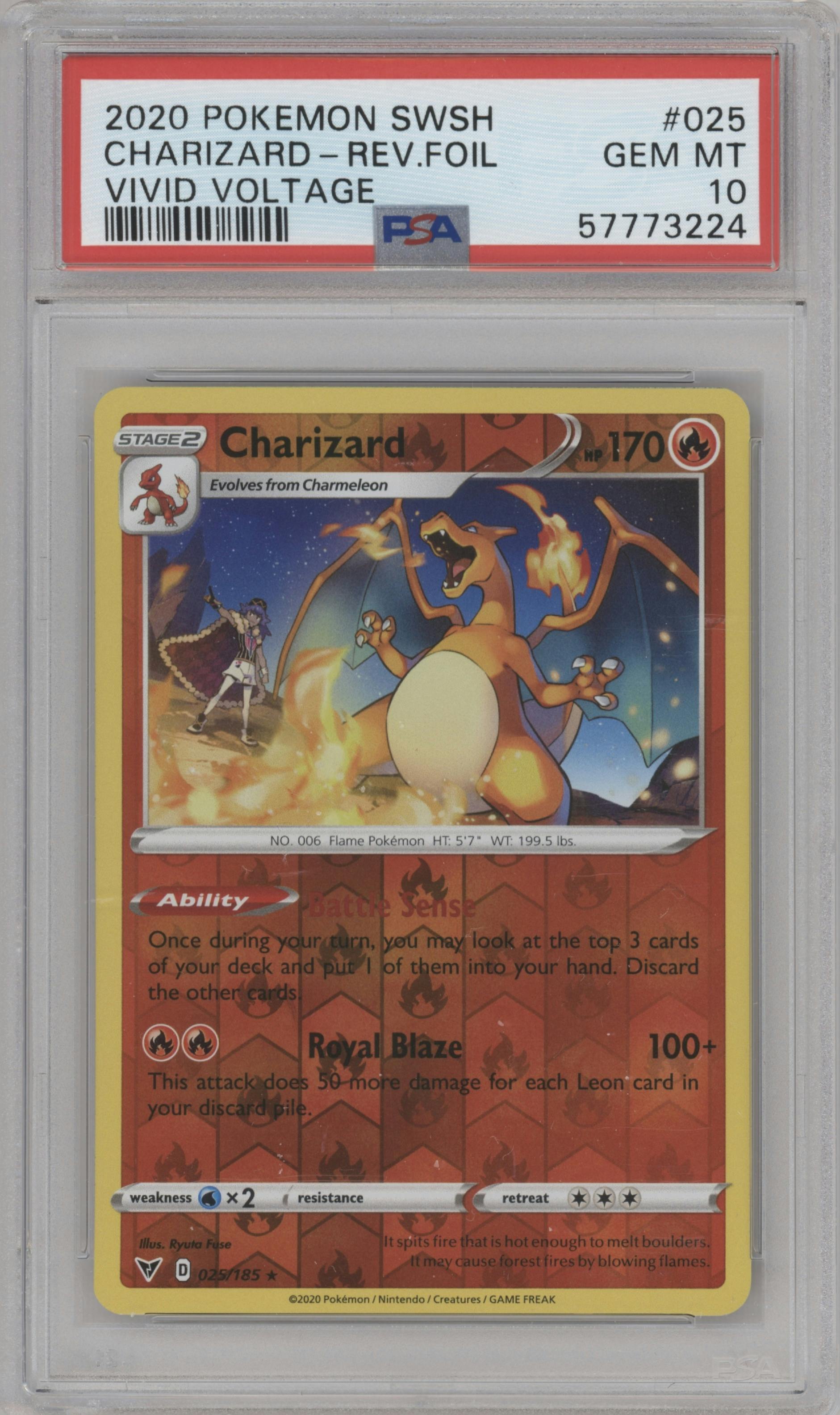 Charizard from the 2020 Pokemon SWSH set graded by PSA and given an overall grade of 10.