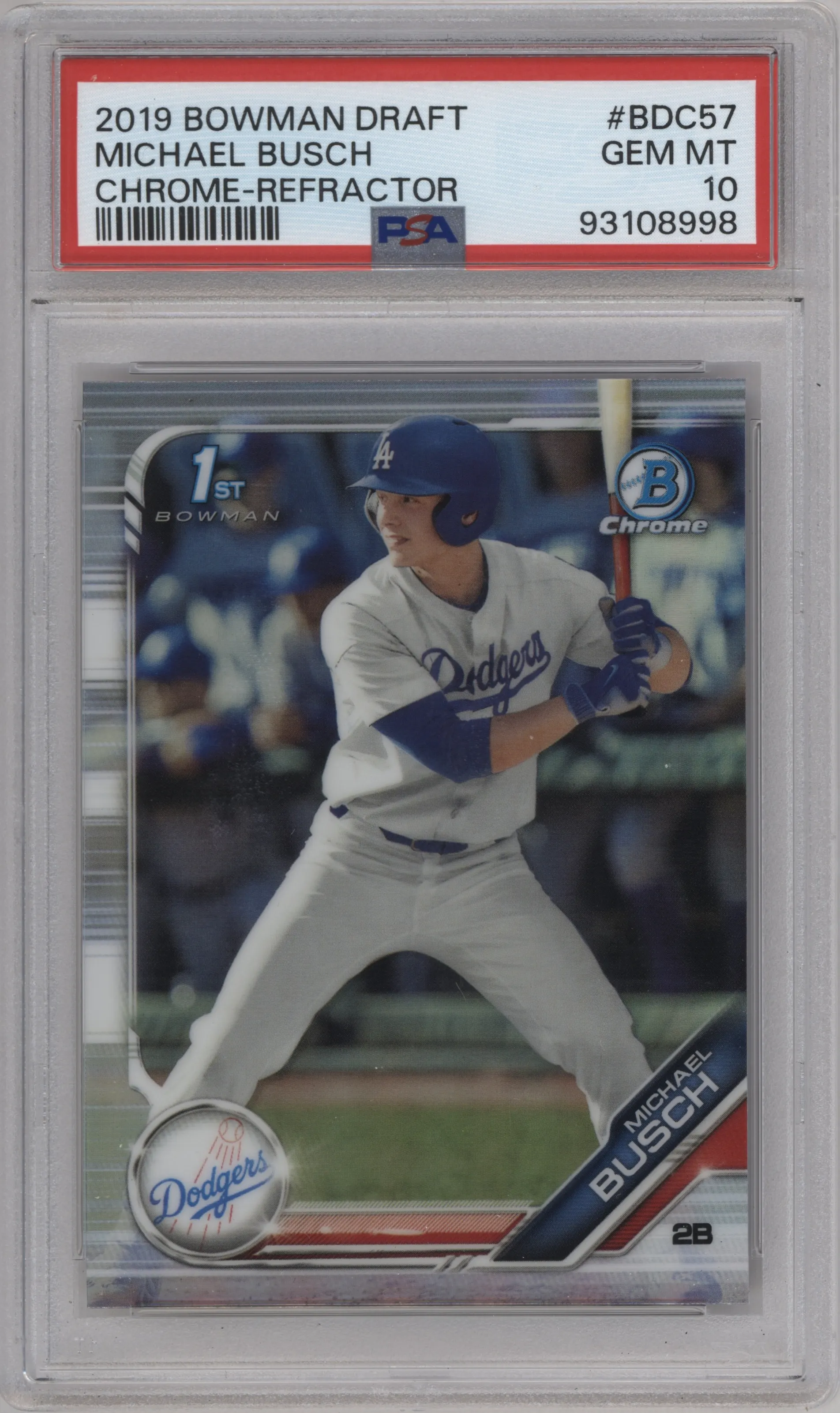 Michael Busch from the 2019 Bowman Draft set featuring a Refractor parallel graded by PSA and given an overall grade of 10.