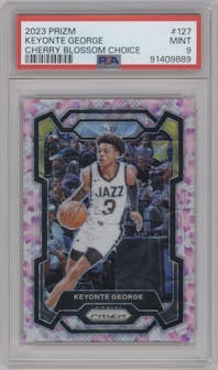 Keyonte George from the 2023-24 Panini Prizm set featuring a Choice Cherry Blossom parallel graded by PSA and given an overall grade of 9.