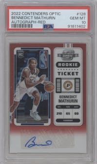 Bennedict Mathurin from the 2022-23 Panini Contenders Optic set featuring a Red parallel graded by PSA and given an overall grade of 10.