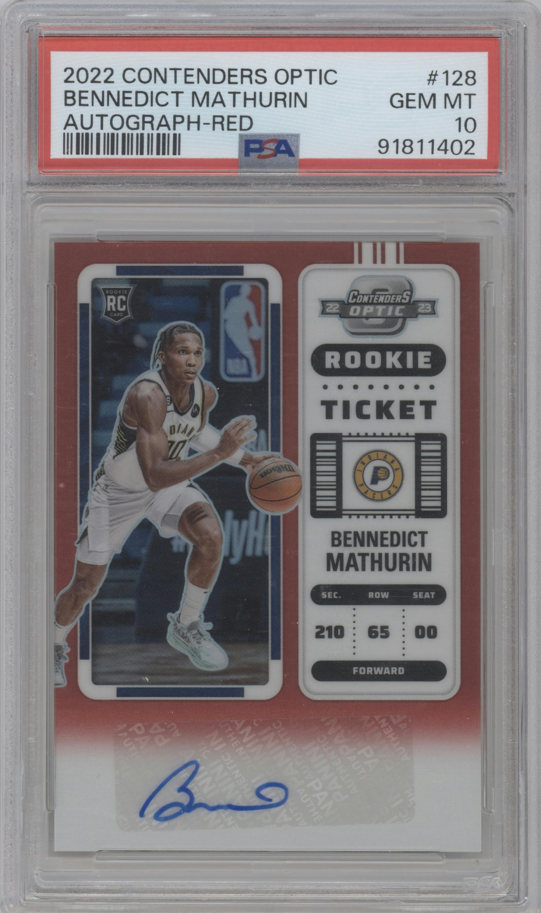 Bennedict Mathurin from the 2022-23 Panini Contenders Optic set featuring a Red parallel graded by PSA and given an overall grade of 10.