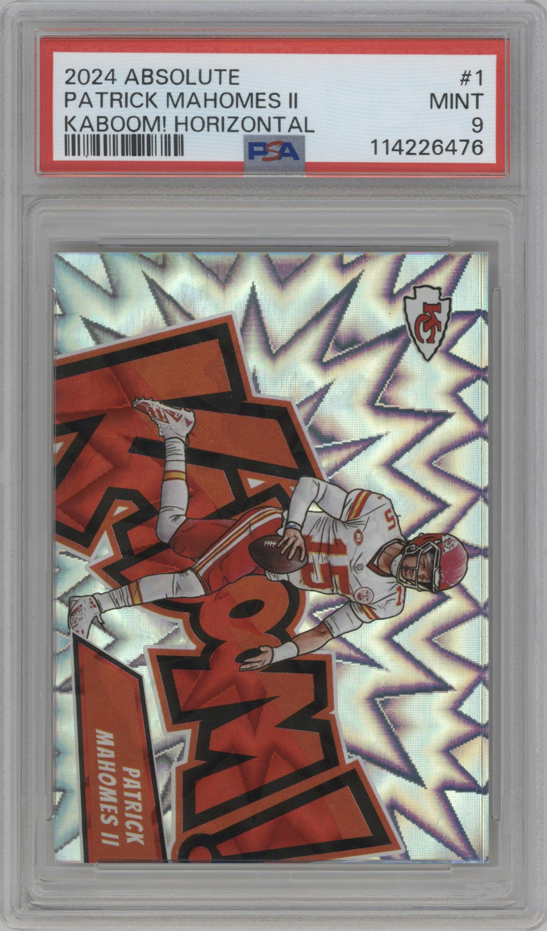 Patrick Mahomes II from the 2024 Panini Absolute set graded by PSA and given an overall grade of 9.