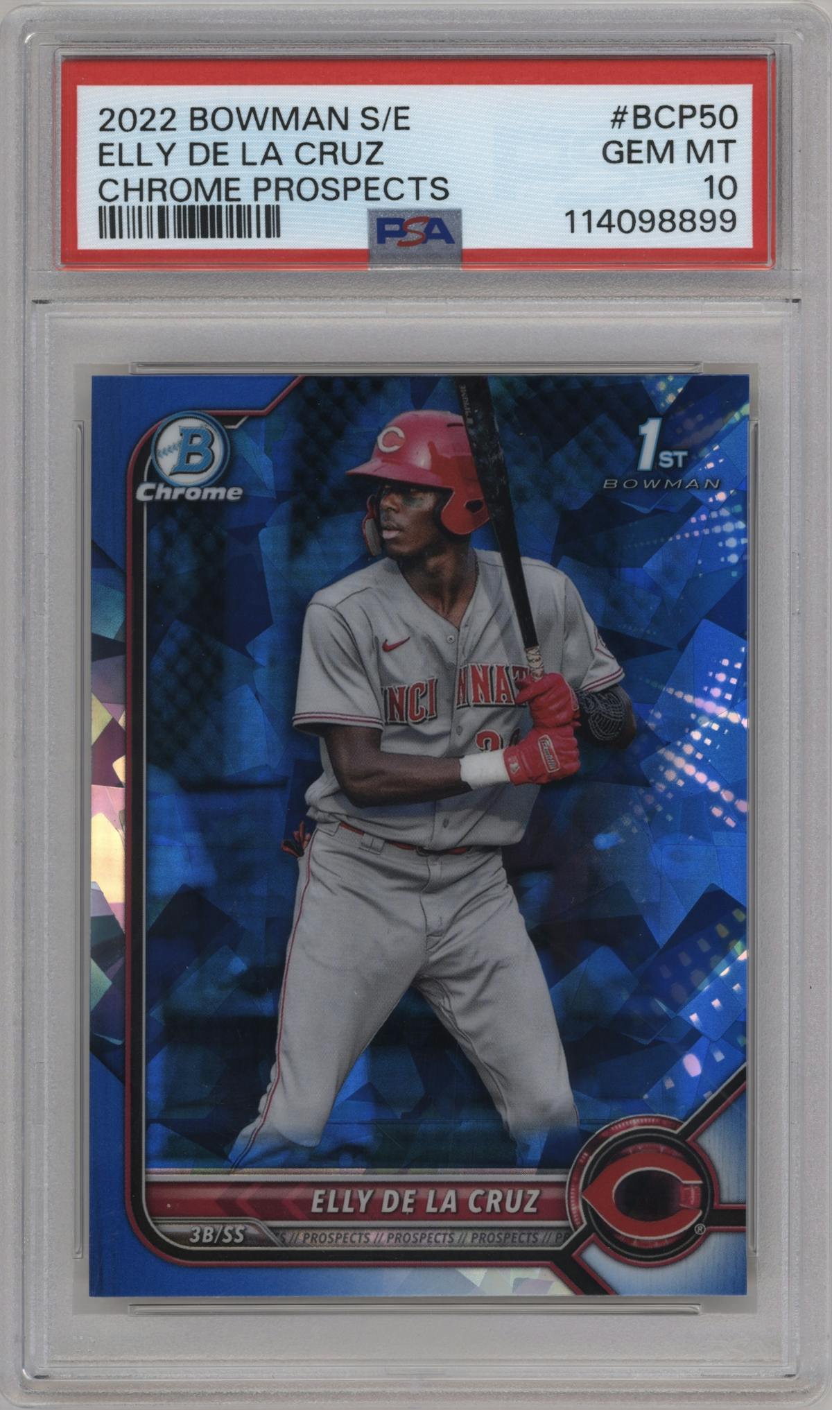 Elly De La Cruz from the 2022 Bowman Sapphire Edition set graded by PSA and given an overall grade of 10.