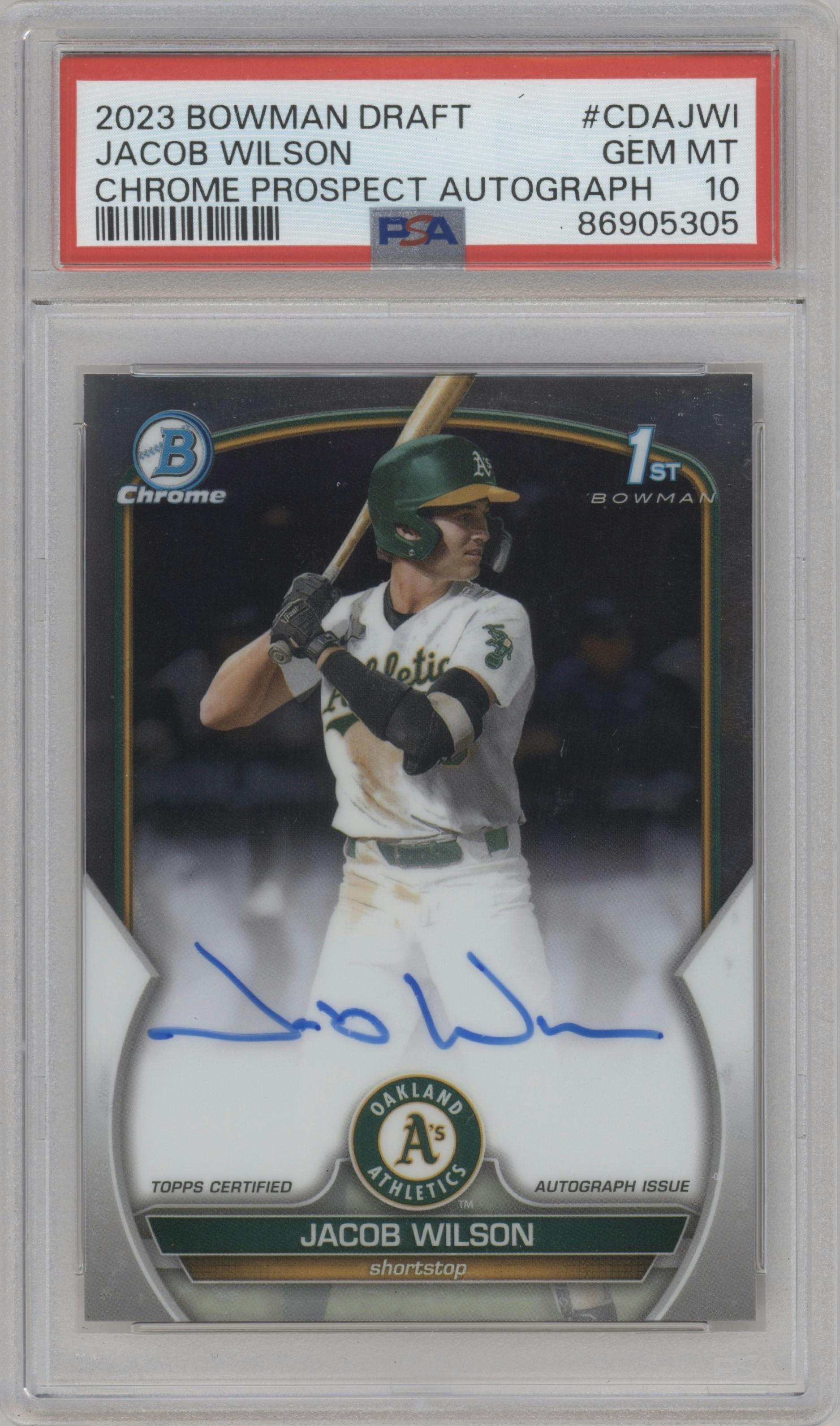 Jacob Wilson from the 2023 Bowman Draft set graded by PSA and given an overall grade of 10.
