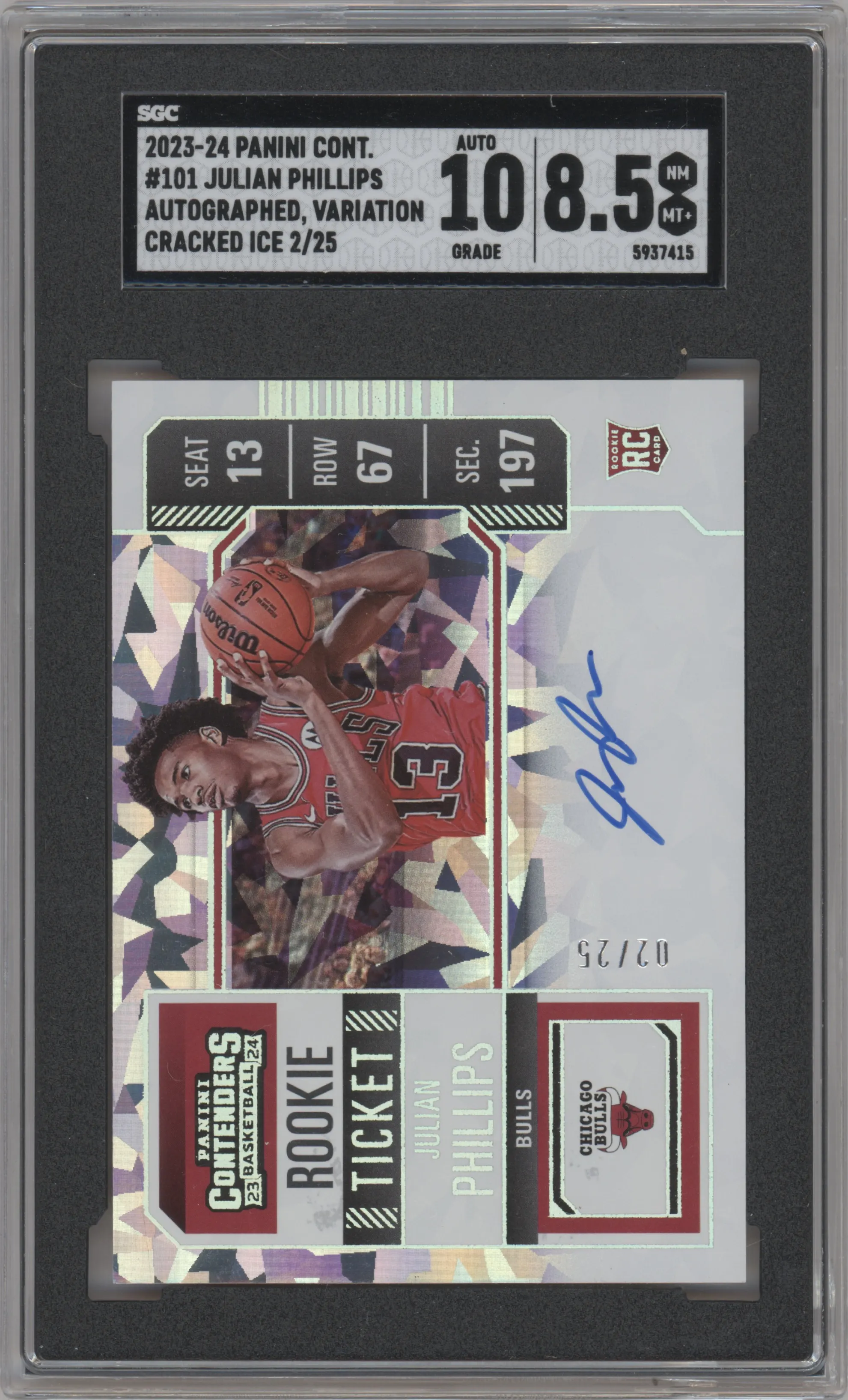 2023 Panini Contenders Rke.Tkt.Var.Auto Julian Phillips Cracked Ice SGC 8.5