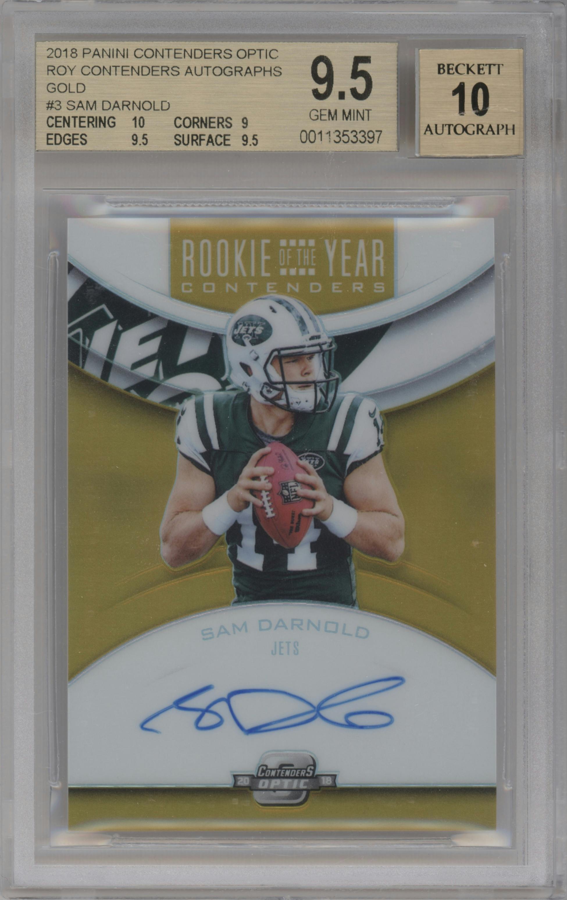 Sam Darnold from the 2018 Panini Contenders Optic set featuring a Gold parallel graded by Beckett and given an overall grade of 9.5.