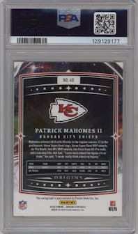 Patrick Mahomes II from the 2025 Panini Origins set graded by PSA and given an overall grade of 10.