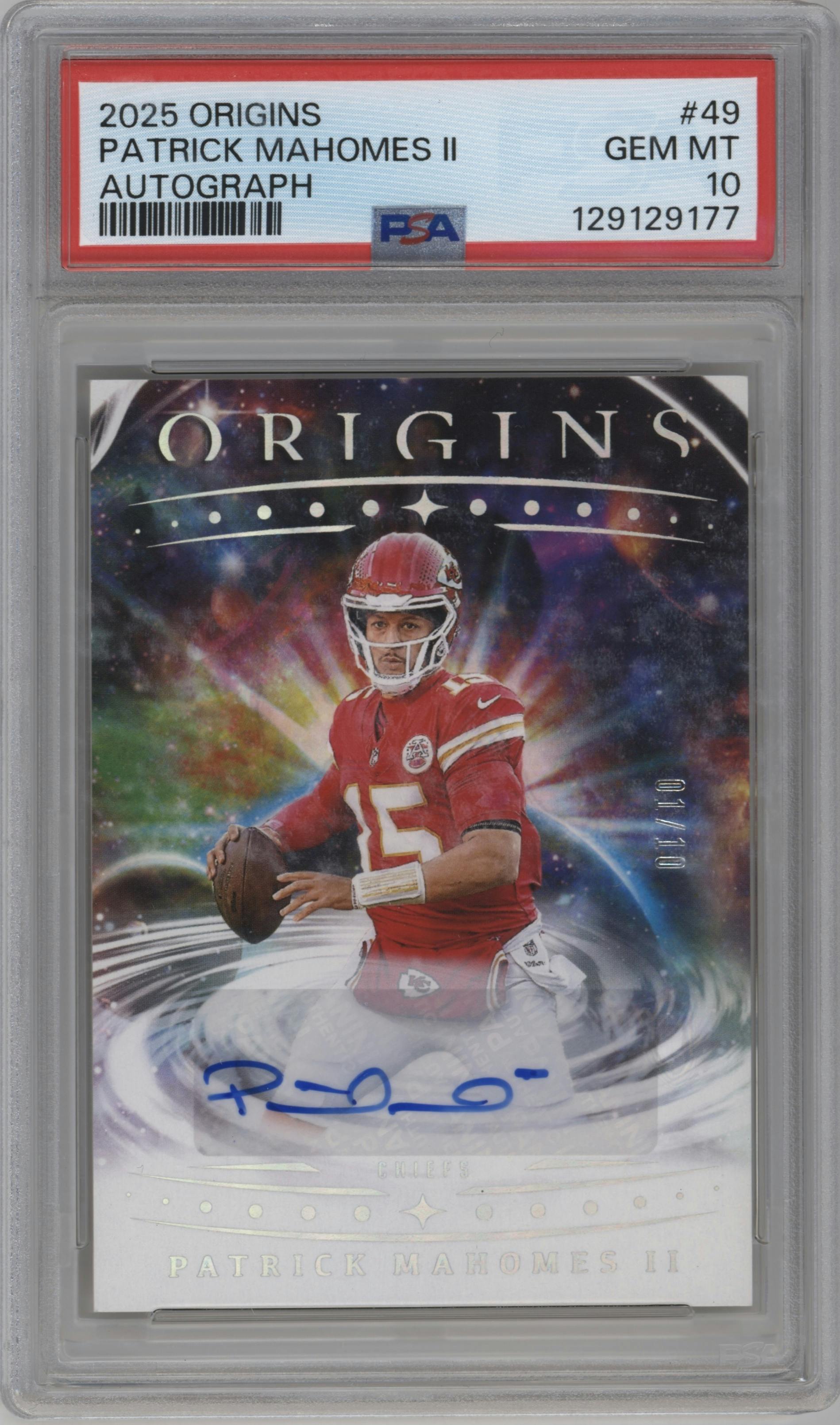Patrick Mahomes II from the 2025 Panini Origins set graded by PSA and given an overall grade of 10.