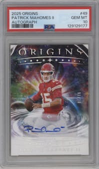 Patrick Mahomes II from the 2025 Panini Origins set graded by PSA and given an overall grade of 10.