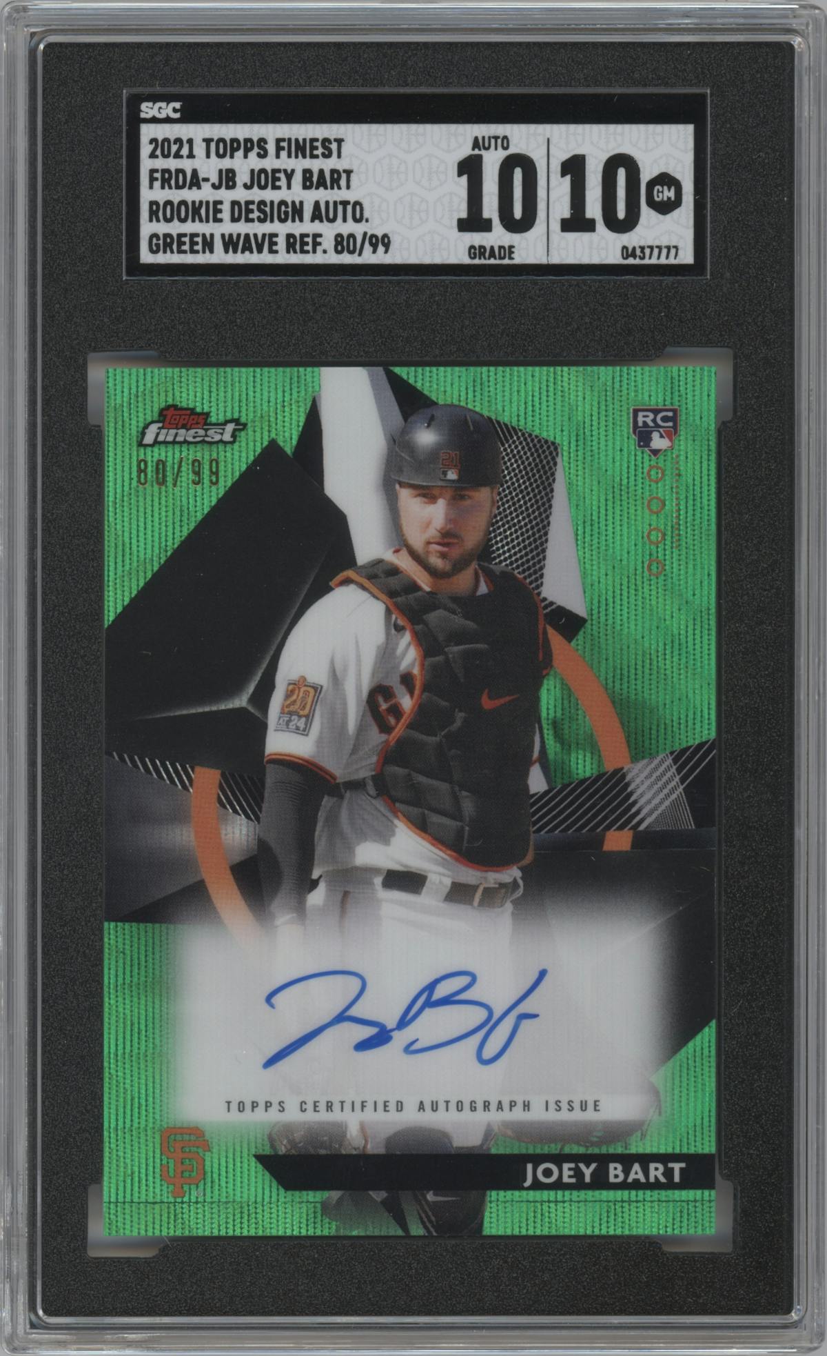 Joey Bart from the 2021 Topps Finest set featuring a Green Wave Refractor parallel graded by SGC and given an overall grade of 10.