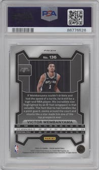 Victor Wembanyama from the 2023-24 Panini Prizm set featuring a Silver Prizm  parallel graded by PSA and given an overall grade of 10.