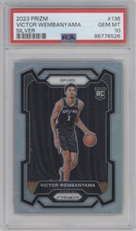 Victor Wembanyama from the 2023-24 Panini Prizm set featuring a Silver Prizm  parallel graded by PSA and given an overall grade of 10.