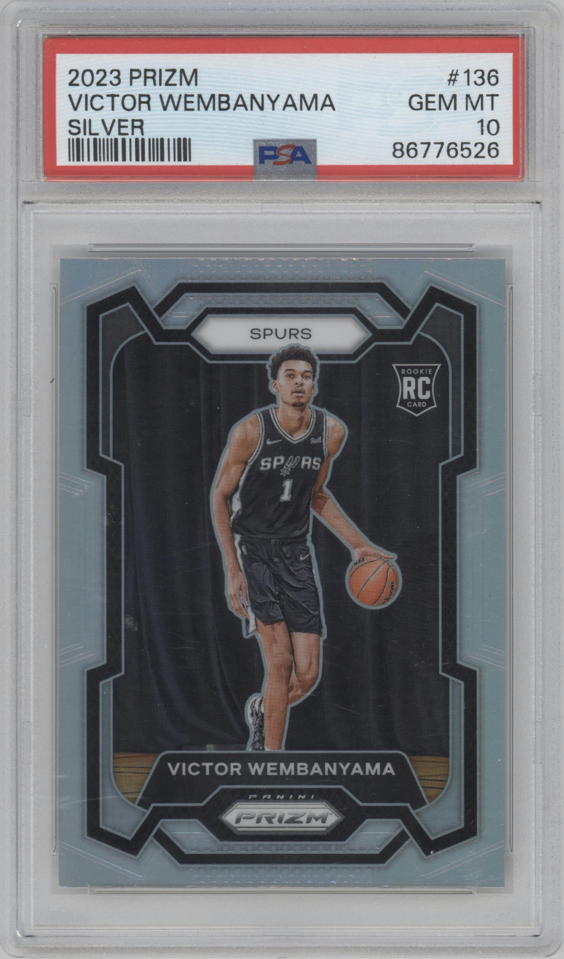 Victor Wembanyama from the 2023-24 Panini Prizm set featuring a Silver Prizm  parallel graded by PSA and given an overall grade of 10.
