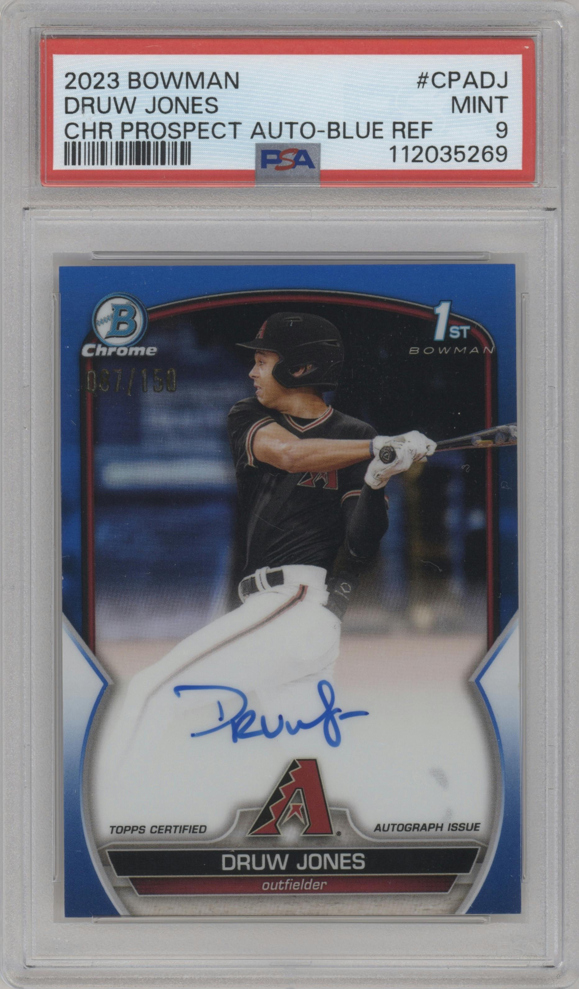 Druw Jones from the 2023 Bowman  set featuring a Blue Refractor parallel graded by PSA and given an overall grade of 9.