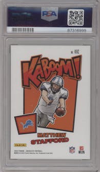 Matthew Stafford from the 2022 Panini Absolute set featuring a Gold parallel graded by PSA and given an overall grade of 10.