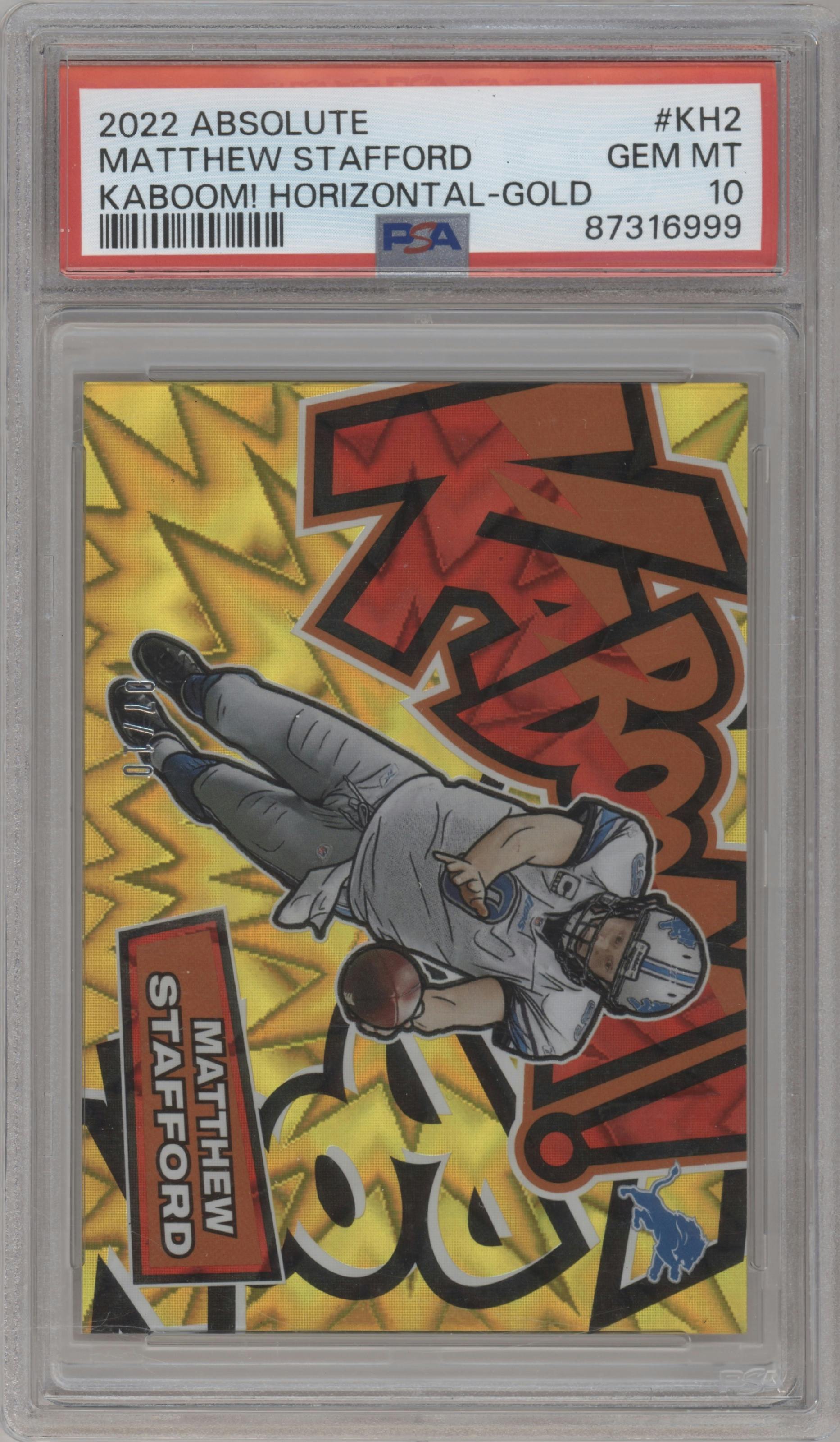 Matthew Stafford from the 2022 Panini Absolute set featuring a Gold parallel graded by PSA and given an overall grade of 10.