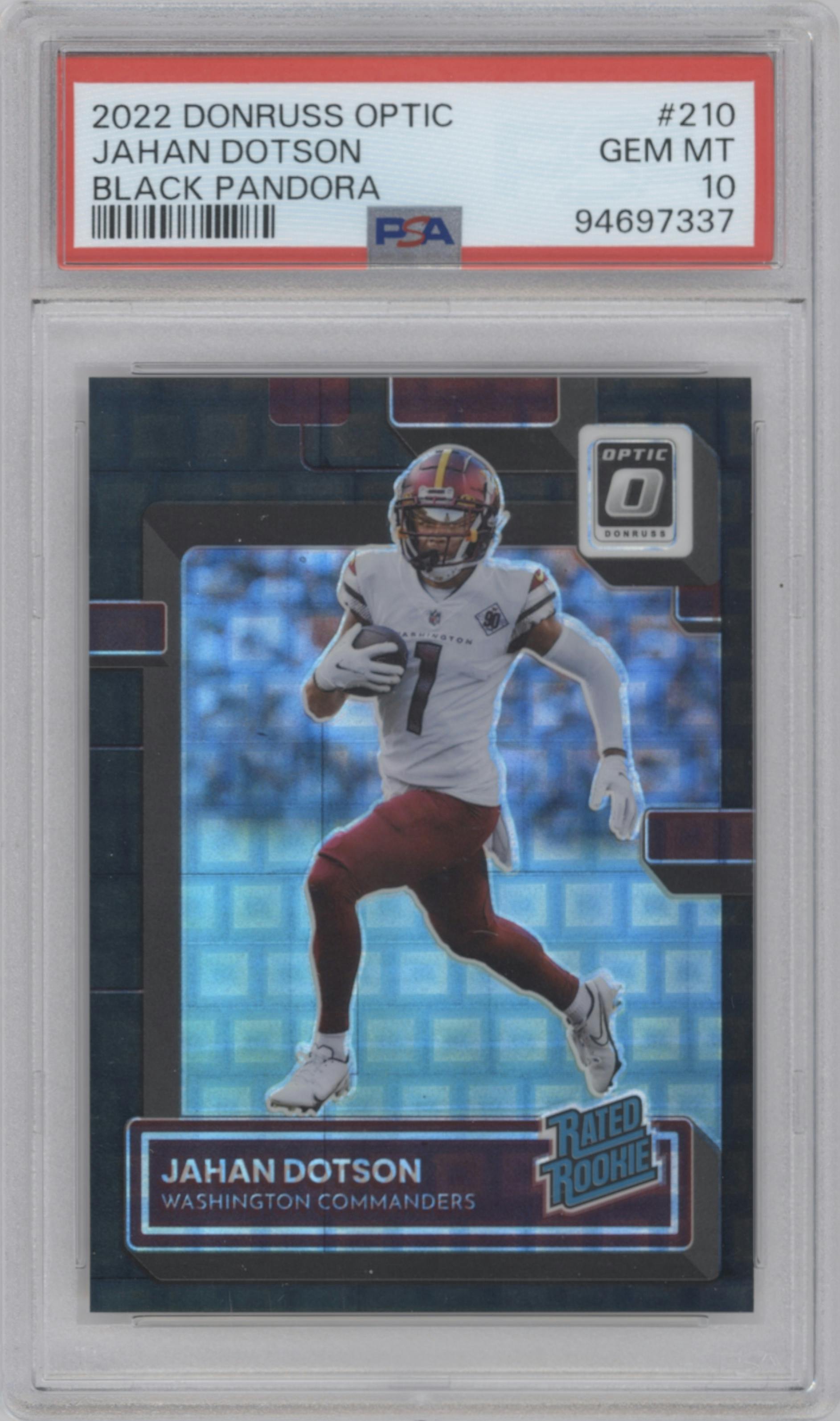 Jahan Dotson from the 2022 Panini Donruss Optic set featuring a Black Pandora parallel graded by PSA and given an overall grade of 10.