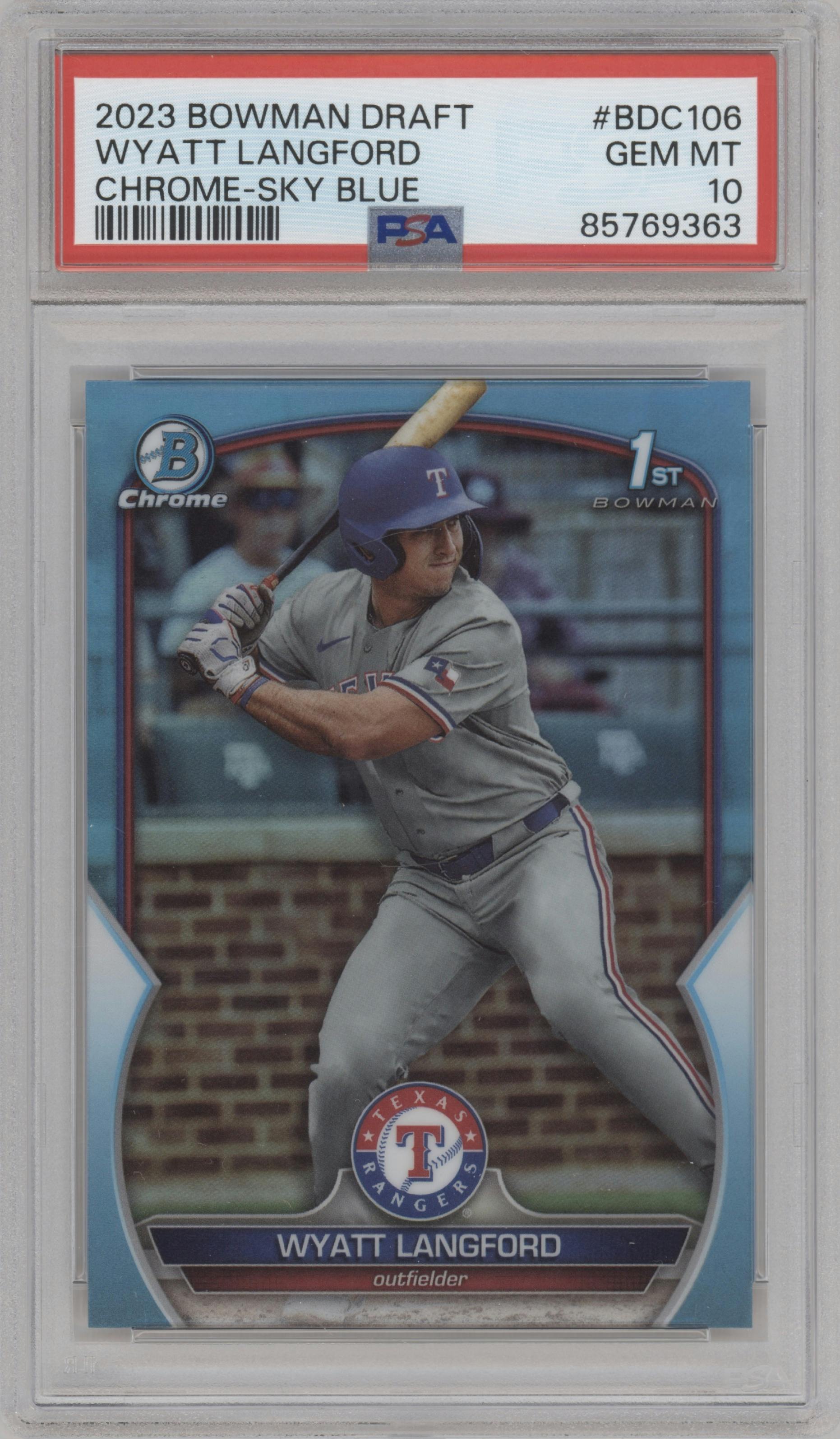 Wyatt Langford from the 2023 Bowman Draft set featuring a Sky Blue Refractor parallel graded by PSA and given an overall grade of 10.