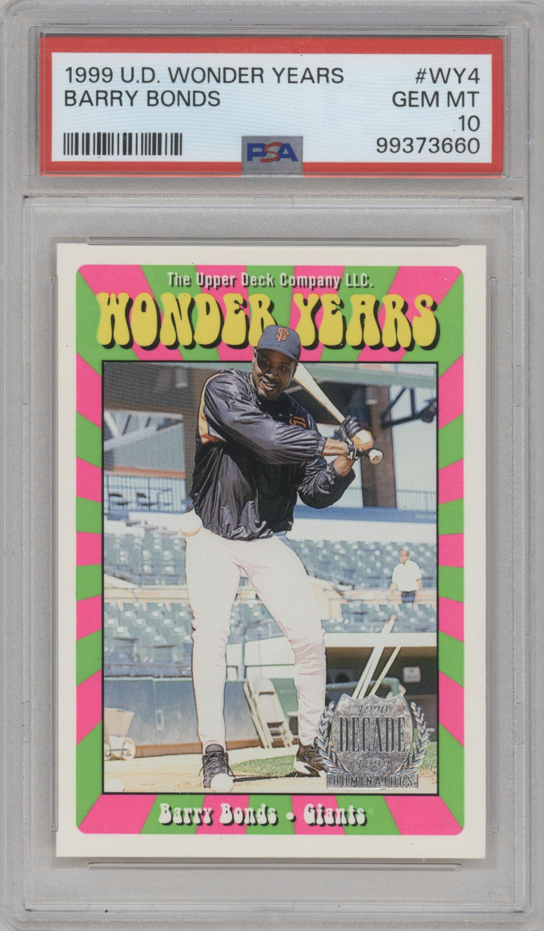 Barry Bonds from the 1999 Upper Deck set graded by PSA and given an overall grade of 10.