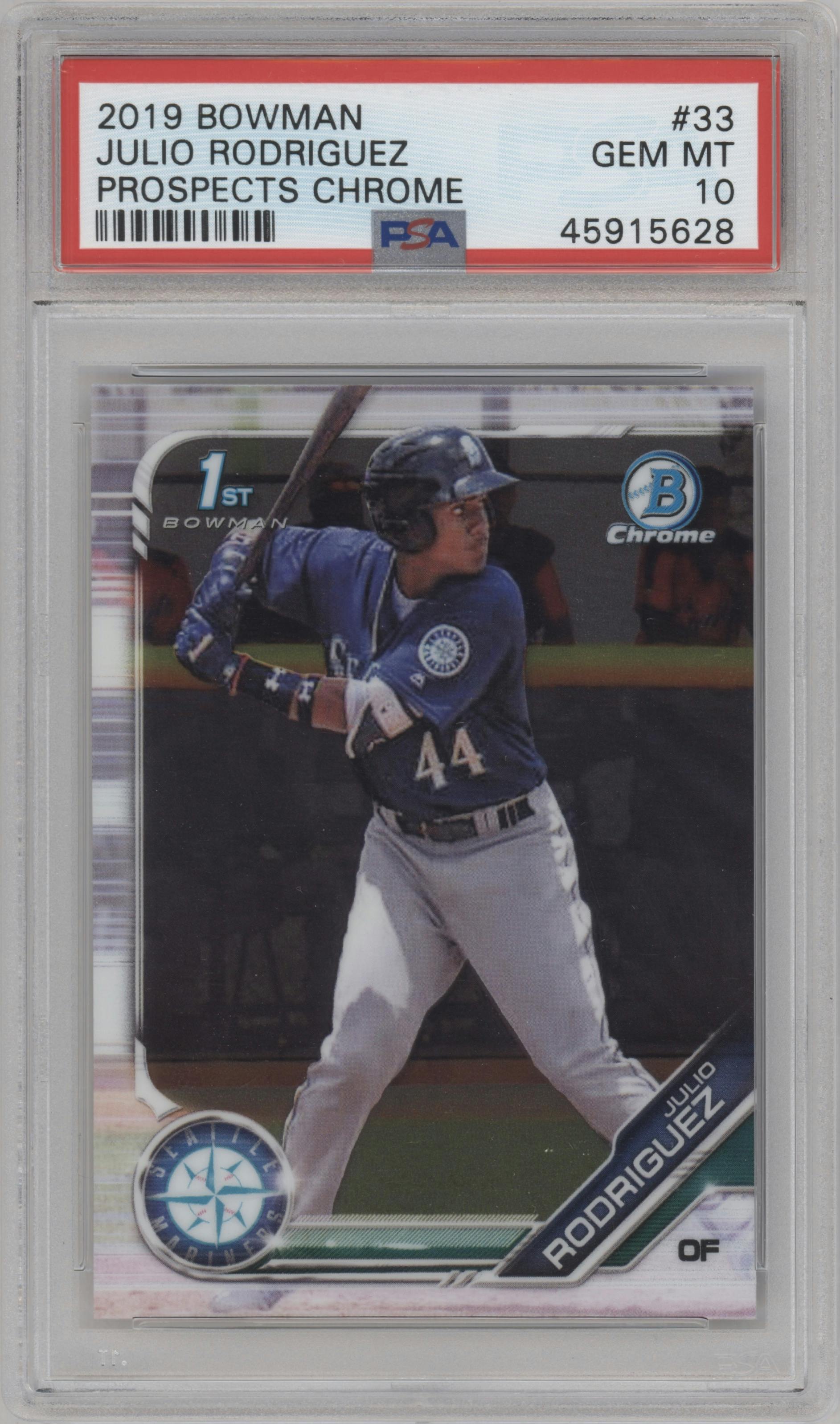 Julio Rodriguez from the 2019 Bowman  set graded by PSA and given an overall grade of 10.