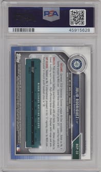 Julio Rodriguez from the 2019 Bowman  set graded by PSA and given an overall grade of 10.