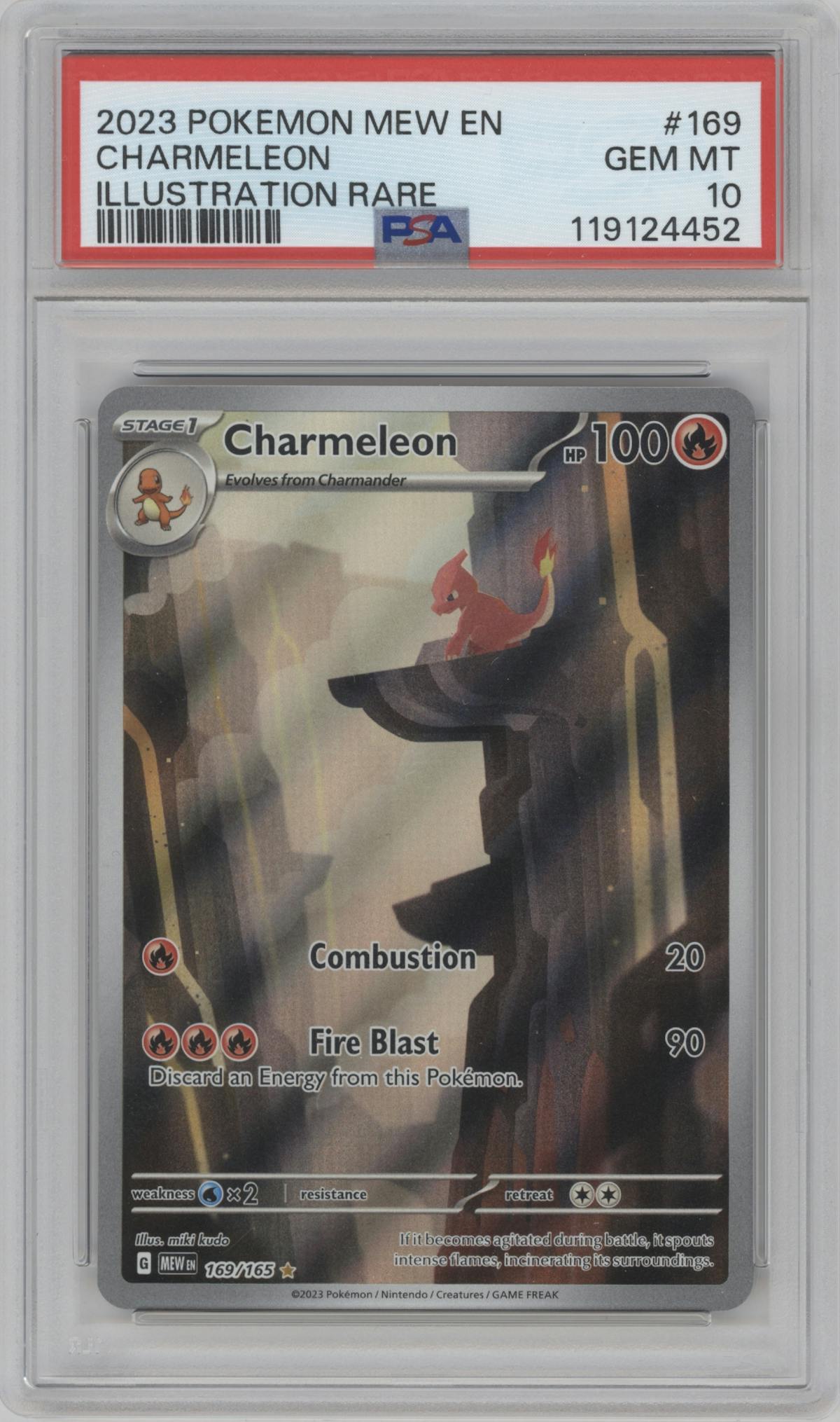 Charmeleon from the 2023 Pokemon SV set graded by PSA and given an overall grade of 10.
