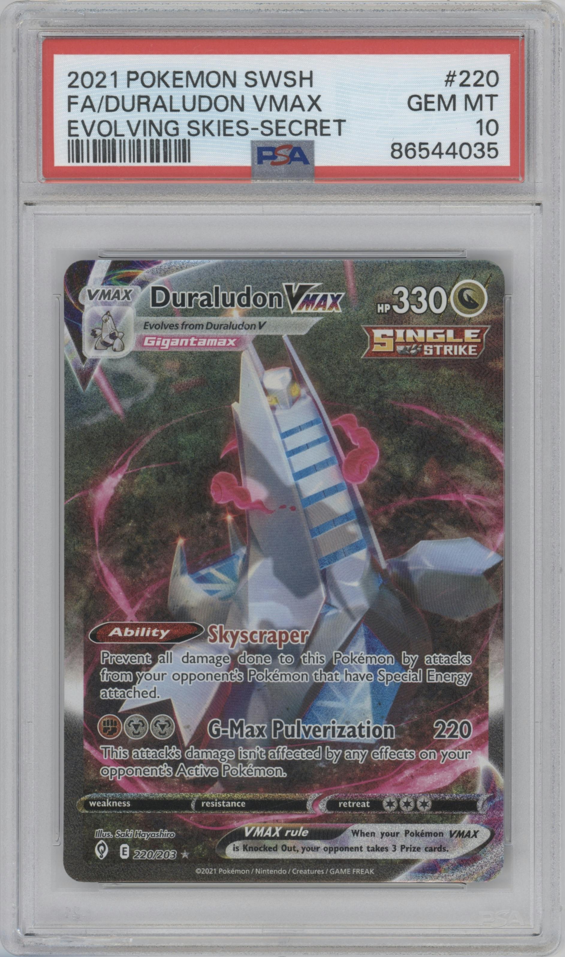 Duraludon VMAX from the 2021 Pokemon SWSH set graded by PSA and given an overall grade of 10.