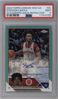 Stephon Castle from the 2023 Topps Chrome McDonald's All American set featuring a Aqua Refractor parallel graded by PSA and given an overall grade of 9.